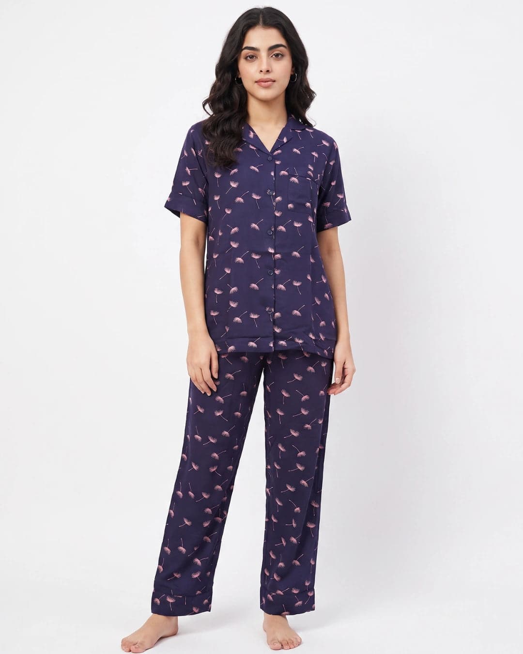 Navy Blue Dandelion Print Linen PJ Set for Women