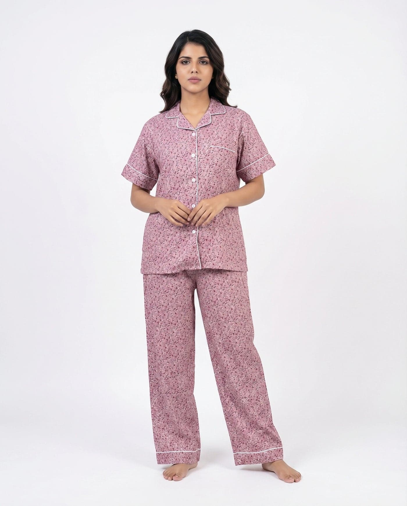 Pink and White Floral Linen PJ Set for Women