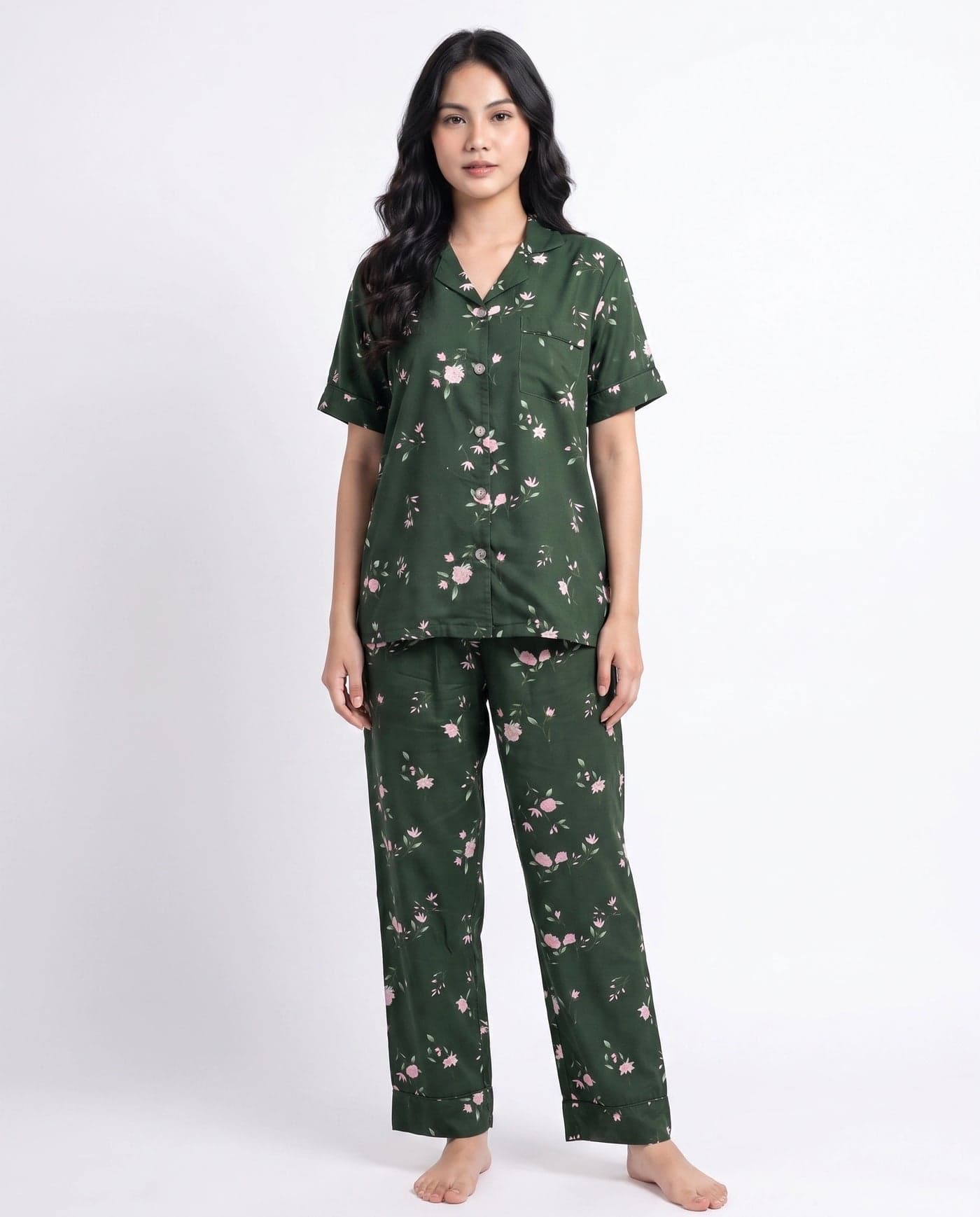 Dark Green and Pink Floral Linen PJ Set for Women