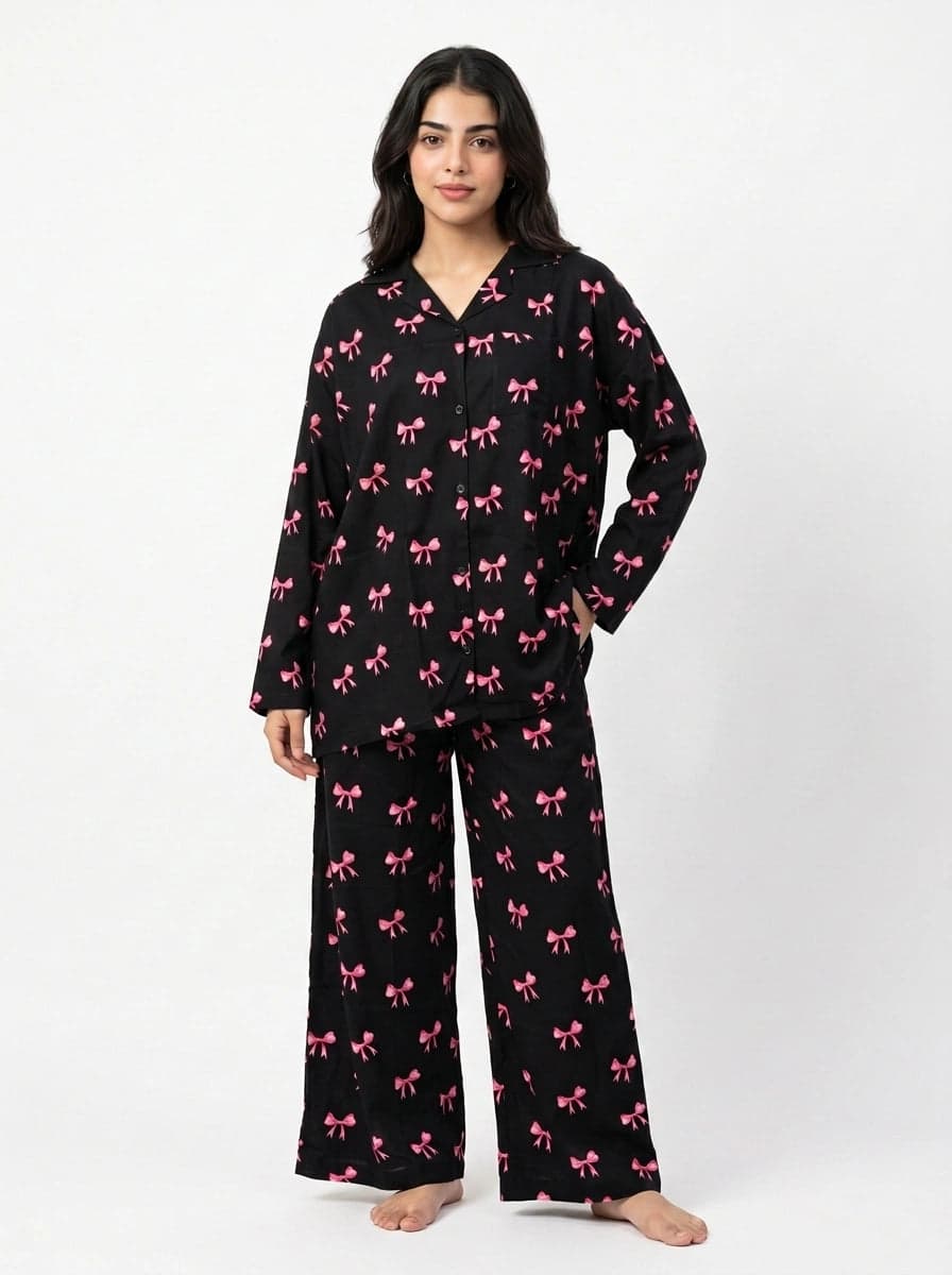 Black and Pink Bow Print Full Sleeve Linen PJ Set for Women