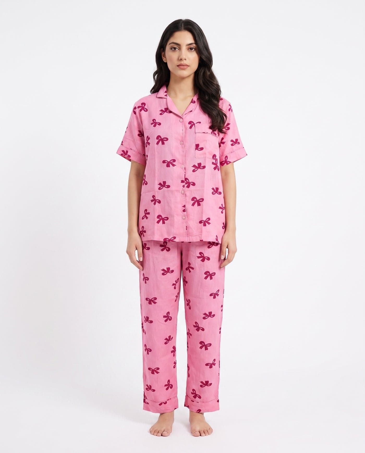 Pink Bow Print Linen PJ Set for Women