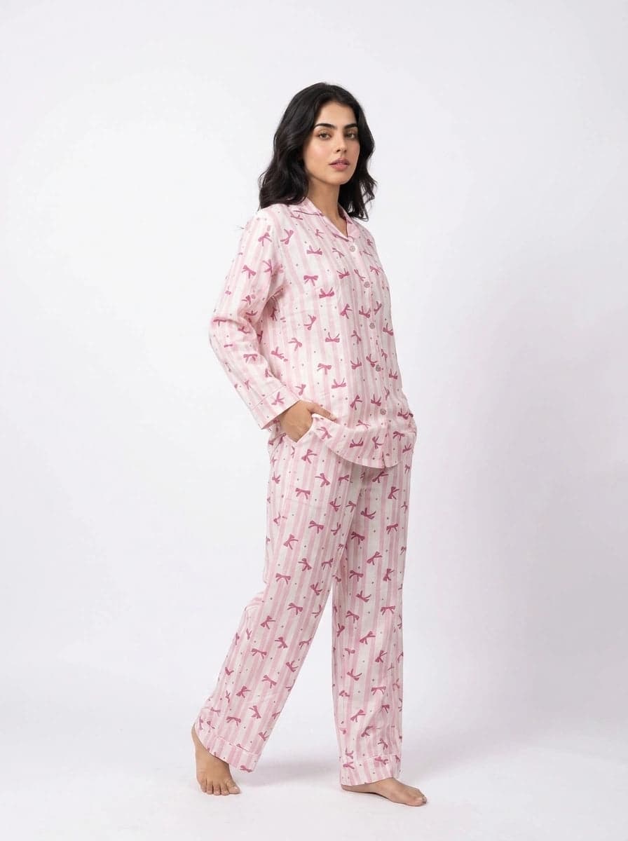 Pink and Dark Pink Bow Striped Linen PJ Set for Women