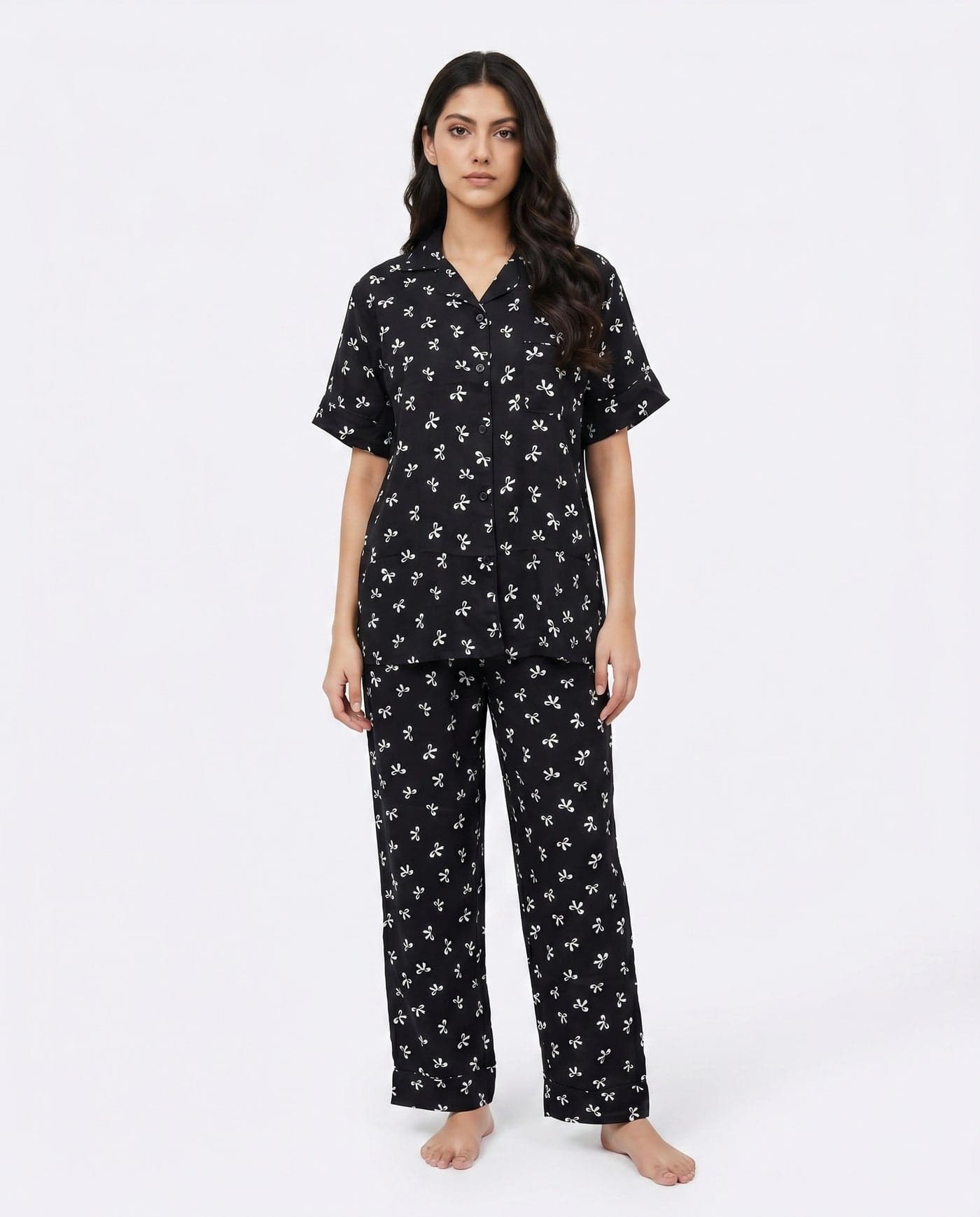 Black and White Bow Print Half Sleeve Linen PJ Set for Women