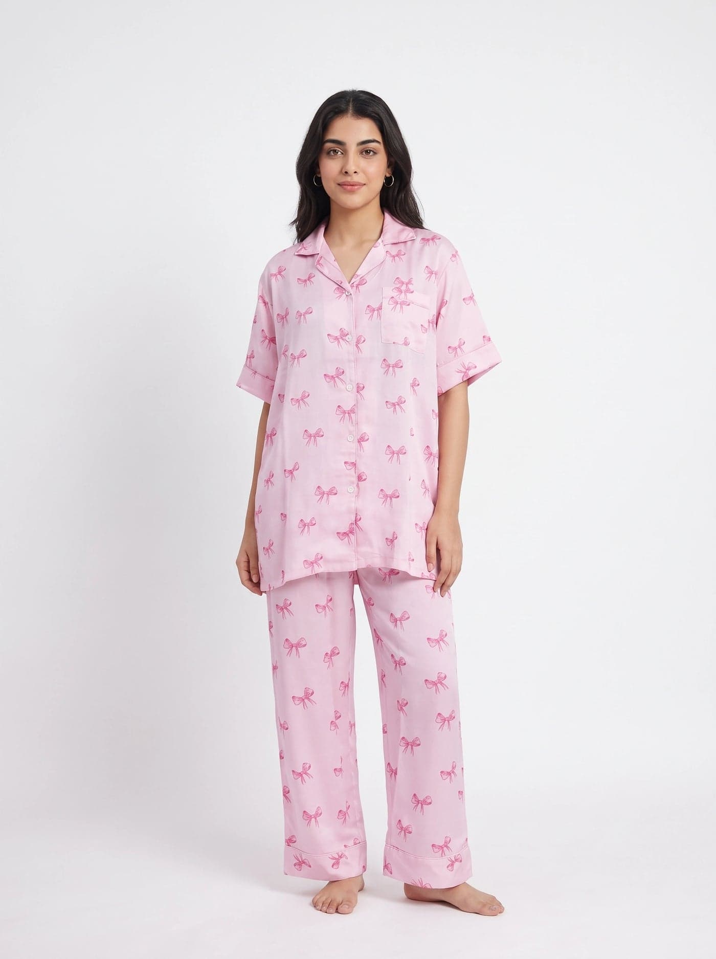Baby Pink Bow Print Linen PJ Set for Women