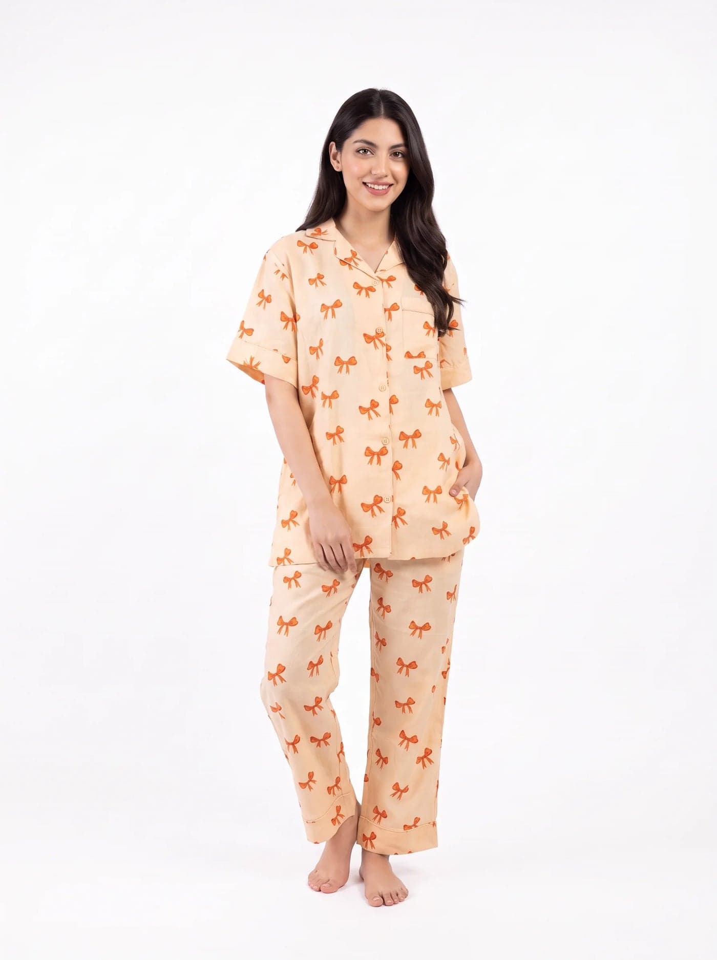 Peach Bow Print Half Sleeve Linen PJ Set for Women