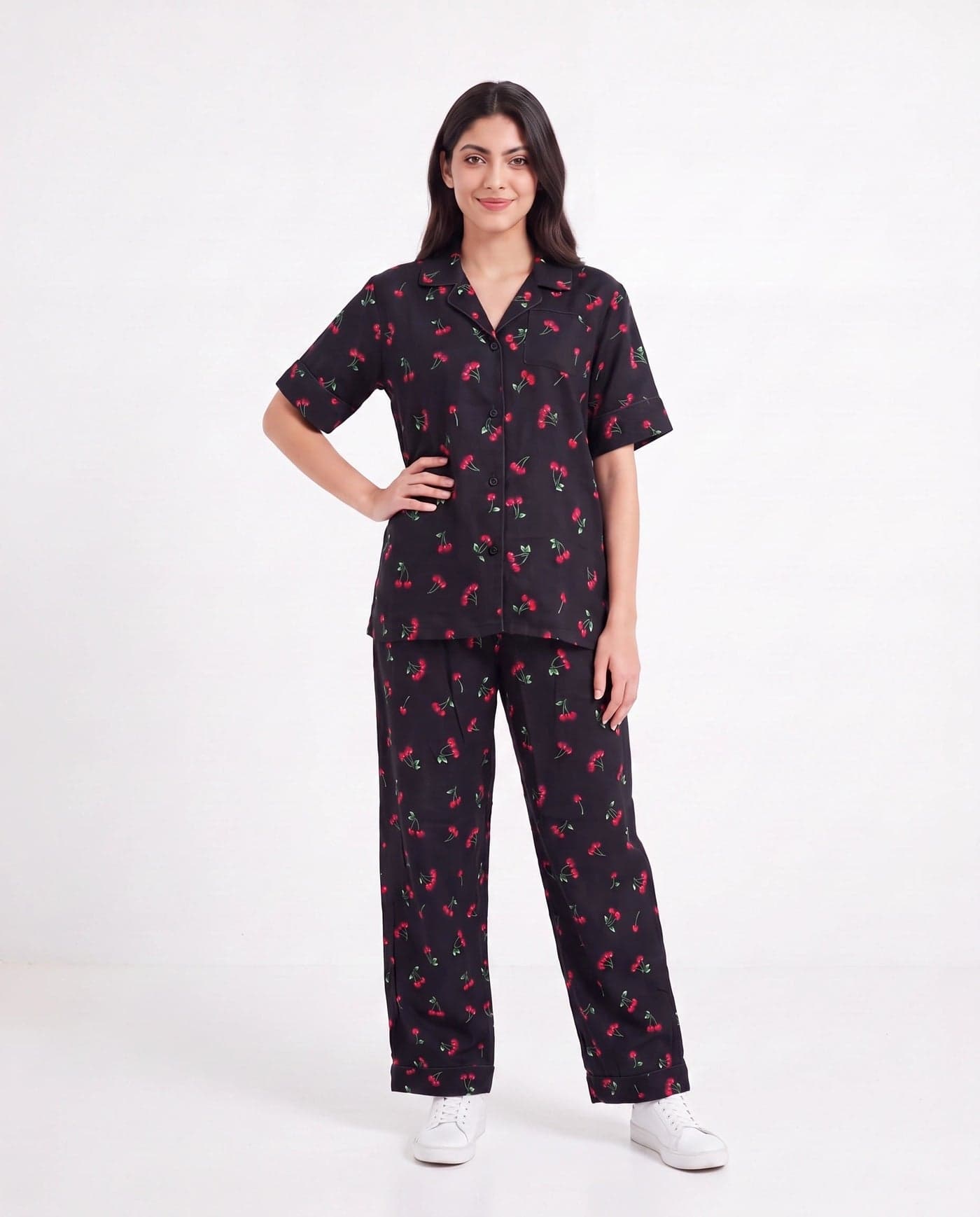 Black Cherry Print Linen PJ Set for Women