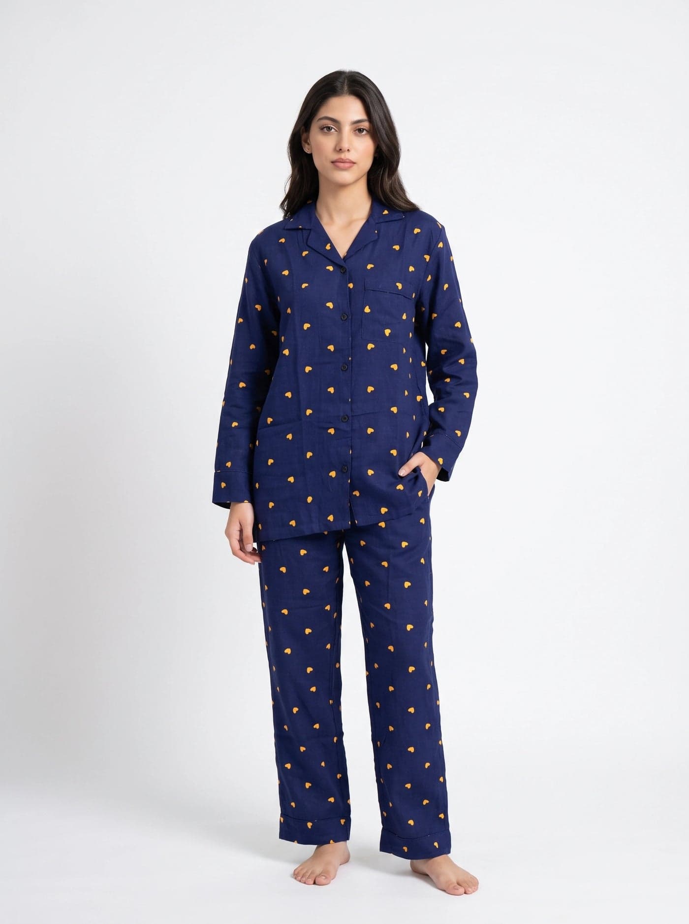 Navy Blue and Yellow Heart Print Full Sleeve Linen PJ Set for Women