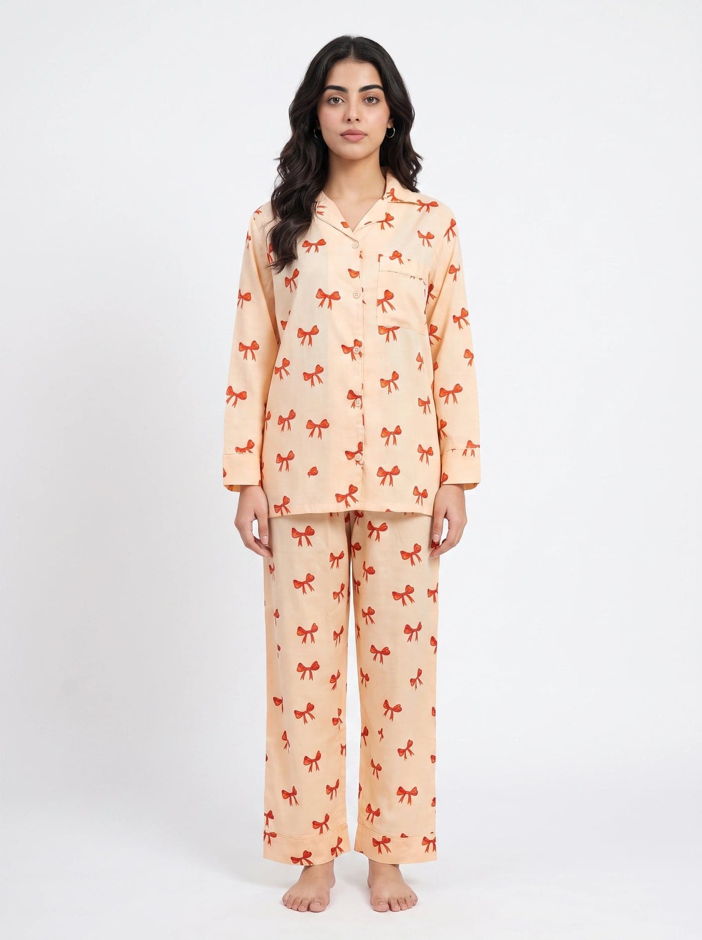 Peach Bow Print Full Sleeve Linen PJ Set for Women