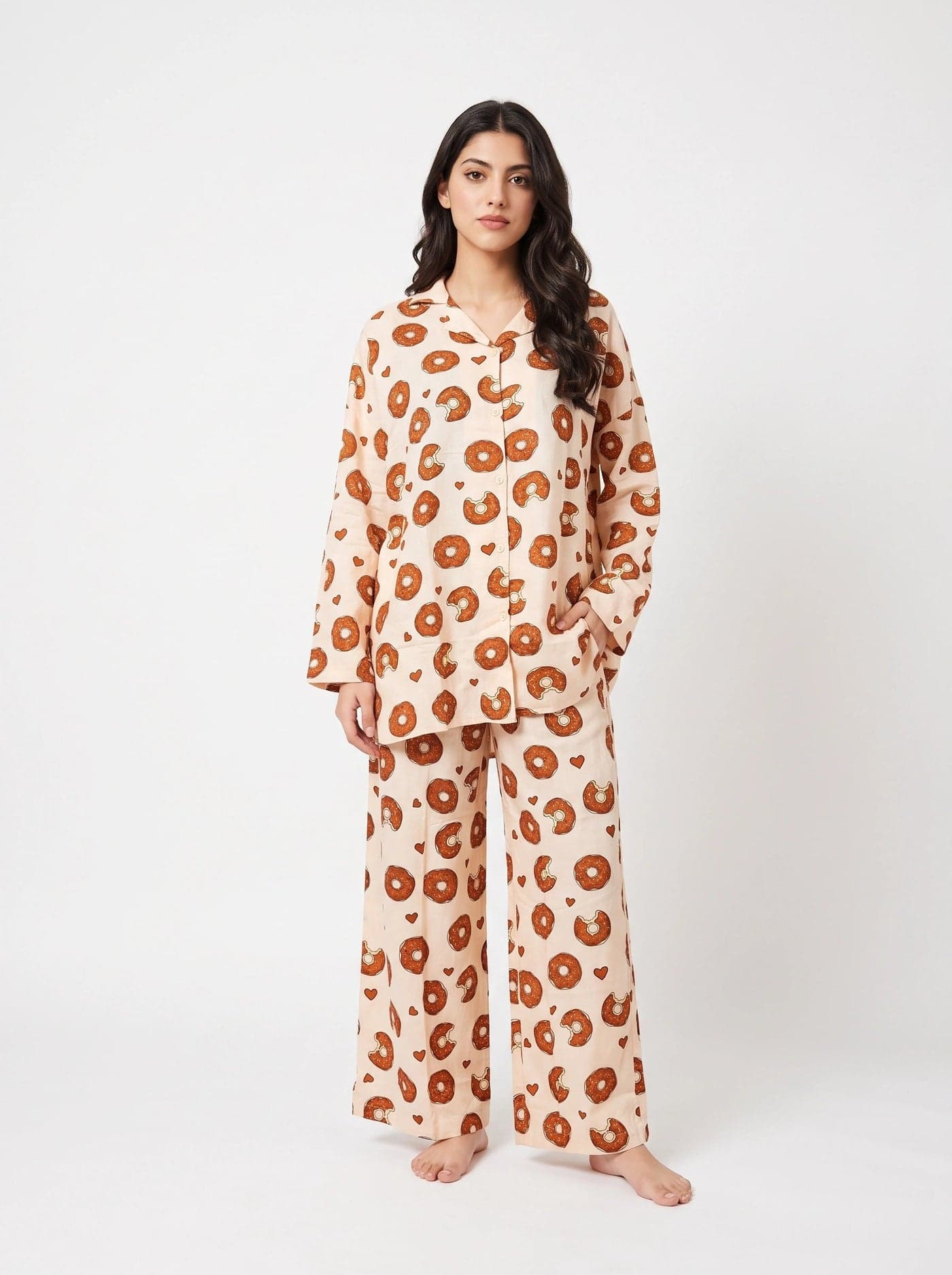 Cream Donut Print Full Sleeve Linen PJ Set for Women