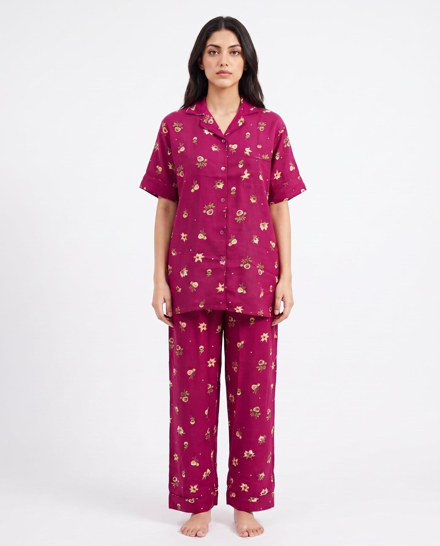 Magenta Floral Linen PJ Set for Women