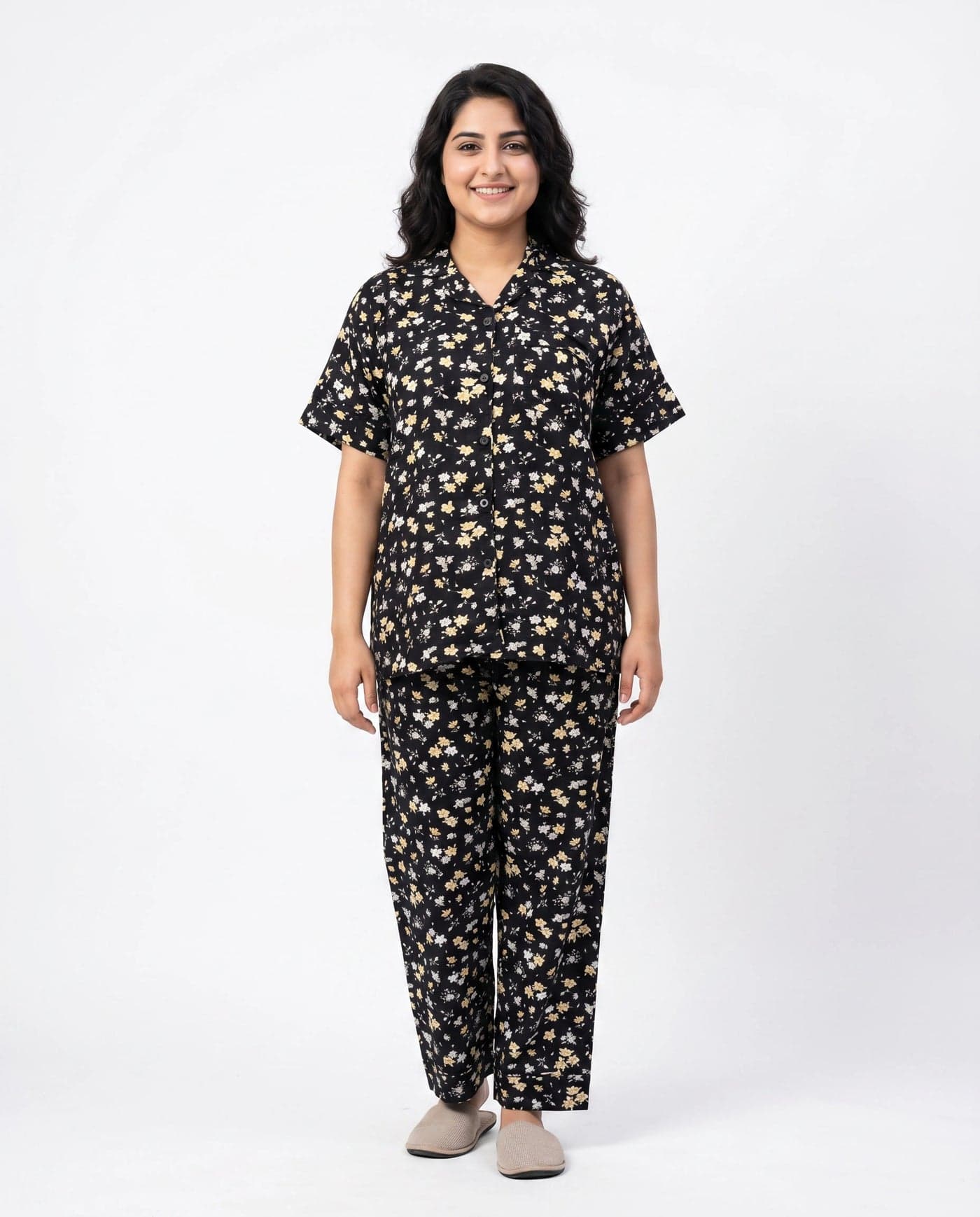 Black and Yellow Floral Half Sleeve Linen PJ Set for Women