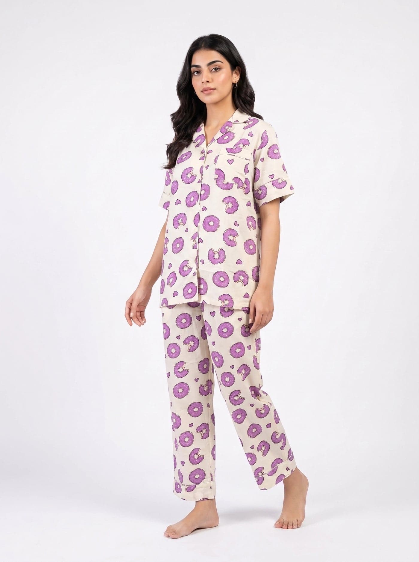 Cream Donut Print Half Sleeve Linen PJ Set for Women