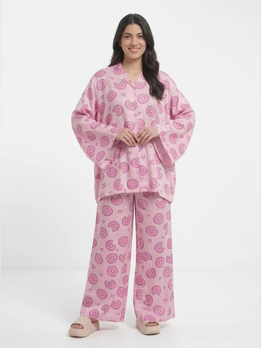 Pink Donut Print Linen PJ Set for Women