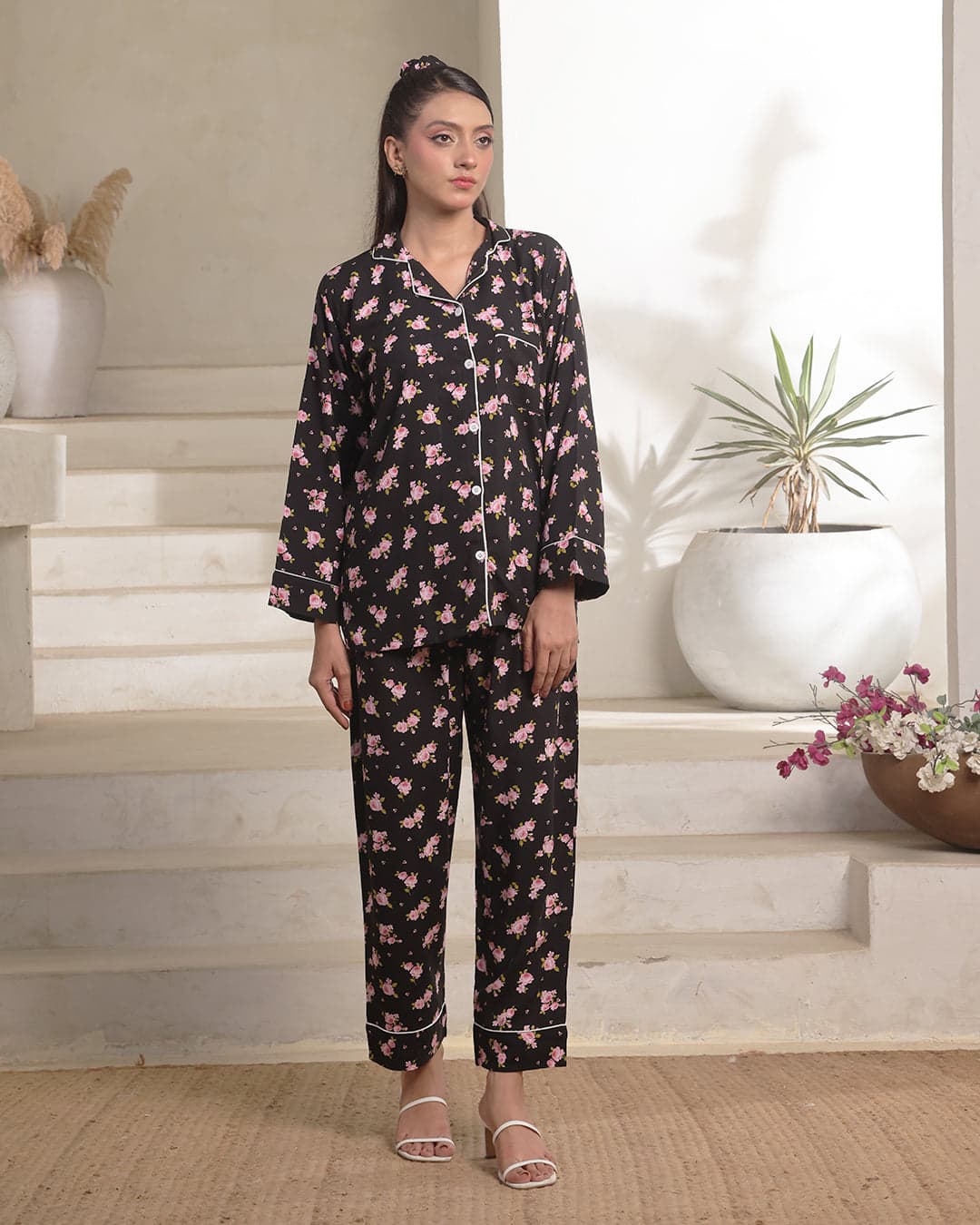 Black and Pink Floral Full Sleeve Linen PJ Set for Women