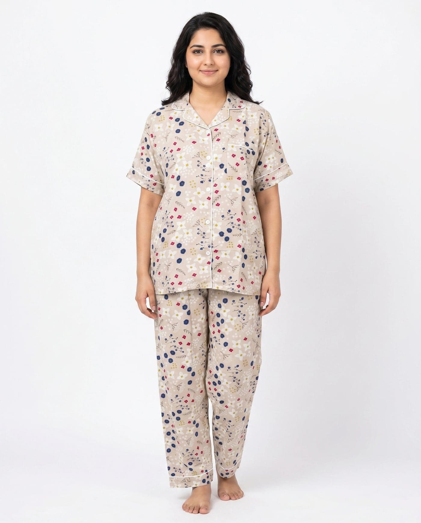 Beige Floral Linen PJ Set for Women
