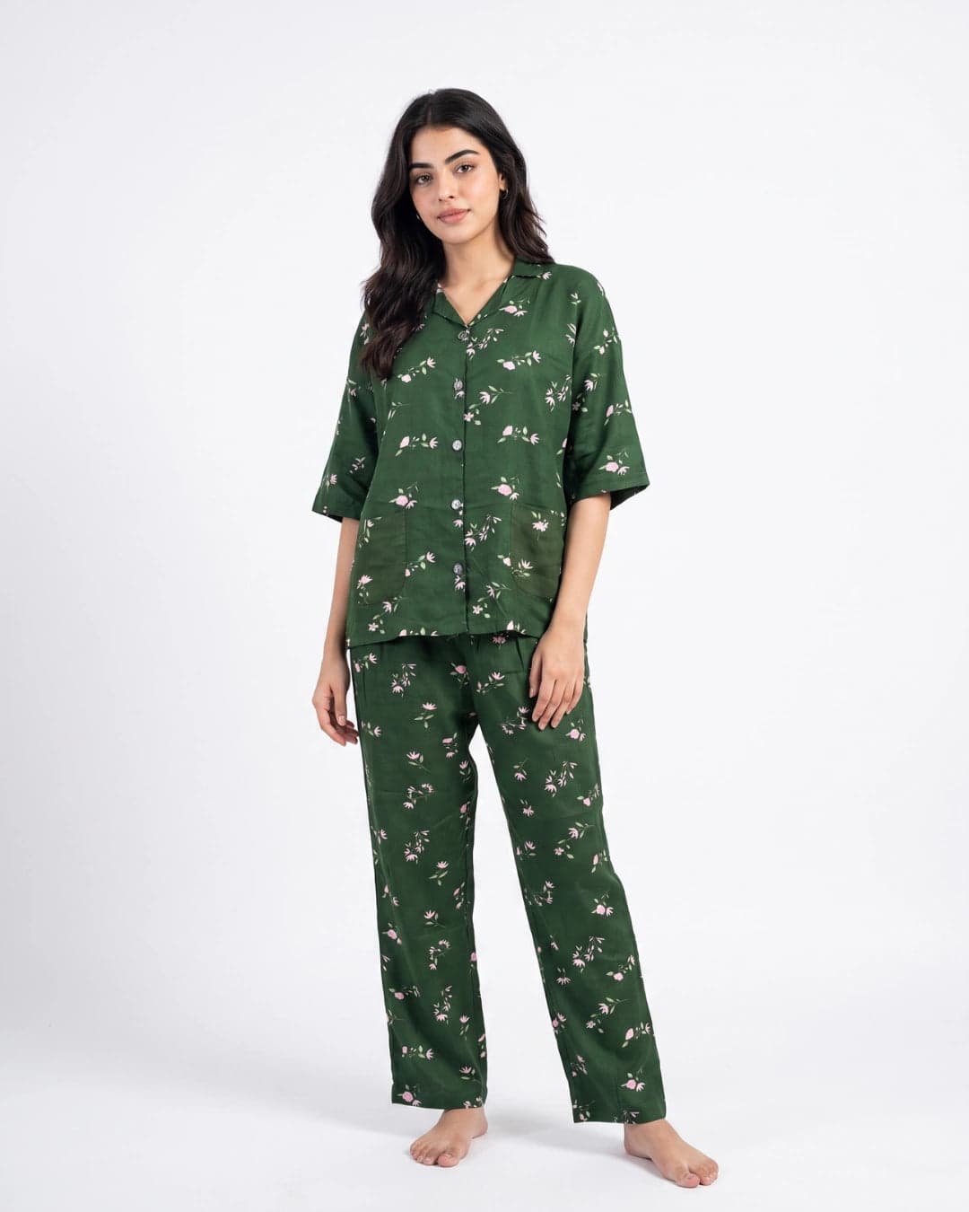 Dark Green and White Floral Linen PJ Set for Women