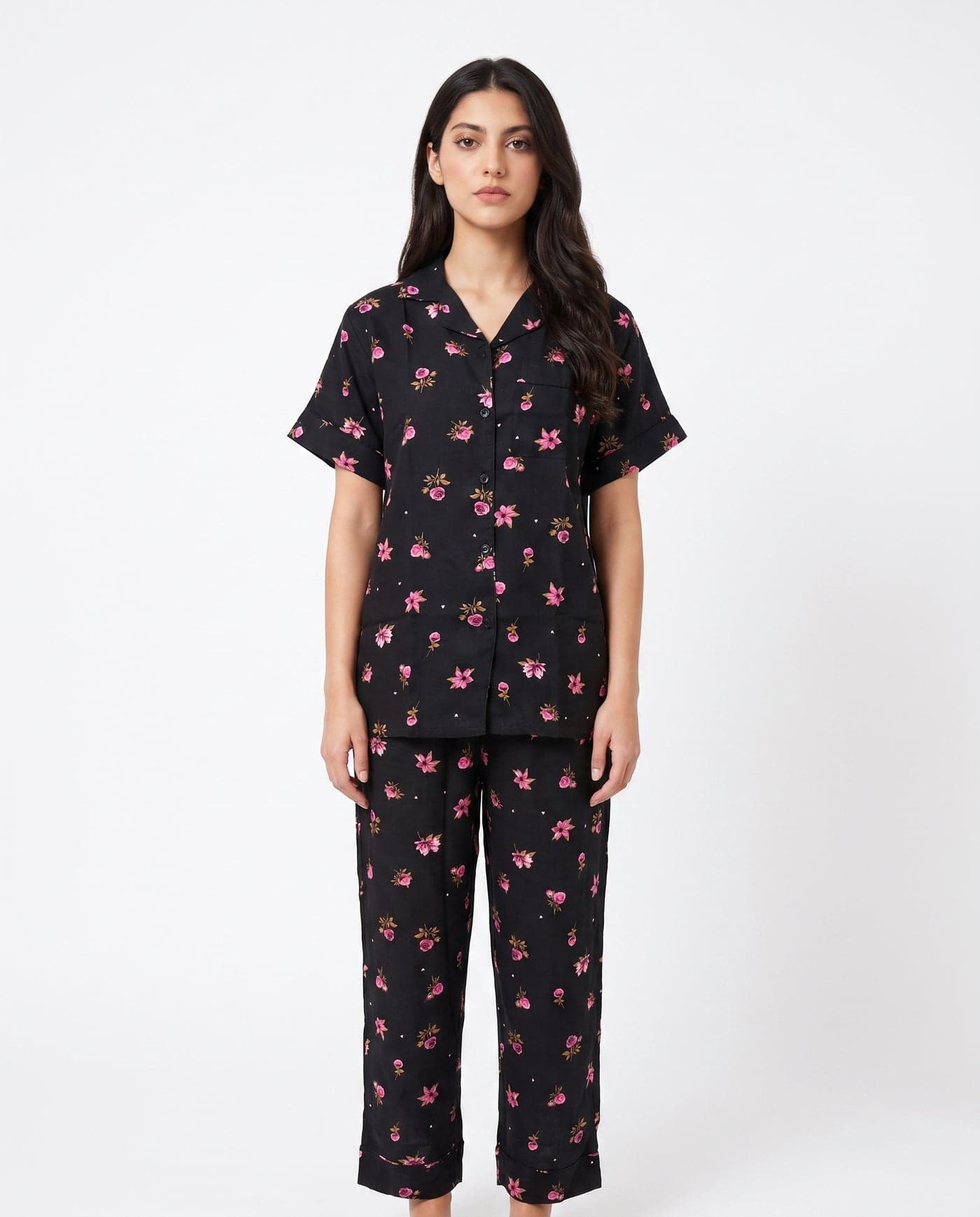 Black and Pink Floral Half Sleeve Linen PJ Set for Women