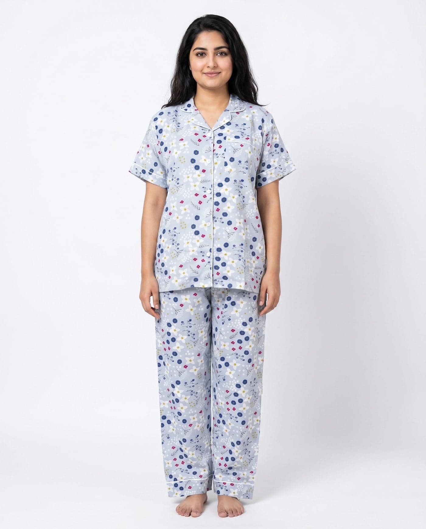 Grey and Navy Blue Floral Linen PJ Set for Women