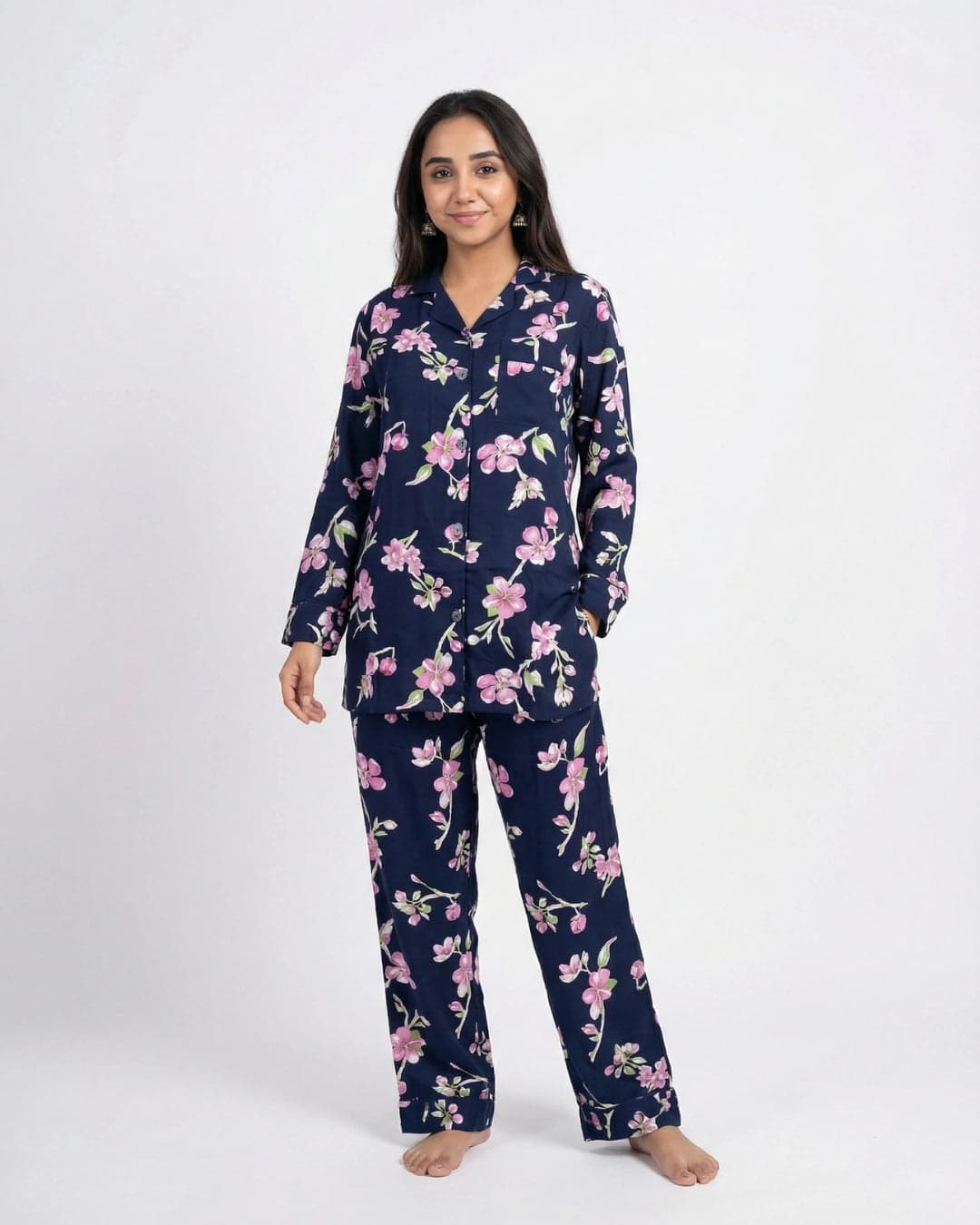 Navy Blue and Pink Floral Full Sleeve Linen PJ Set for Women