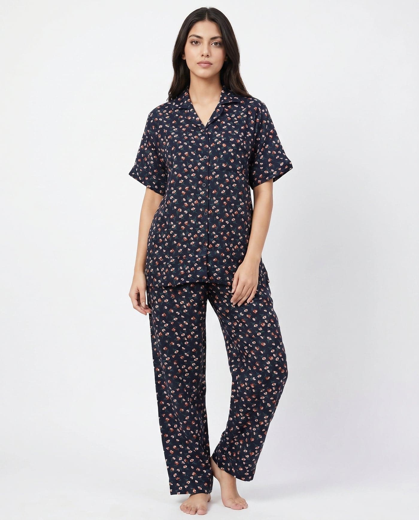Black Floral Half Sleeve Linen PJ Set for Women
