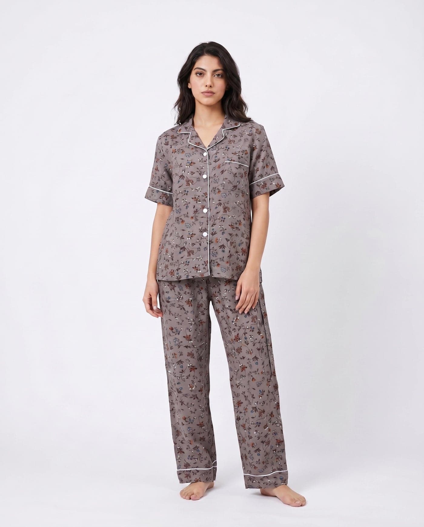 Grey and Brown Floral Linen PJ Set with Pocket for Women