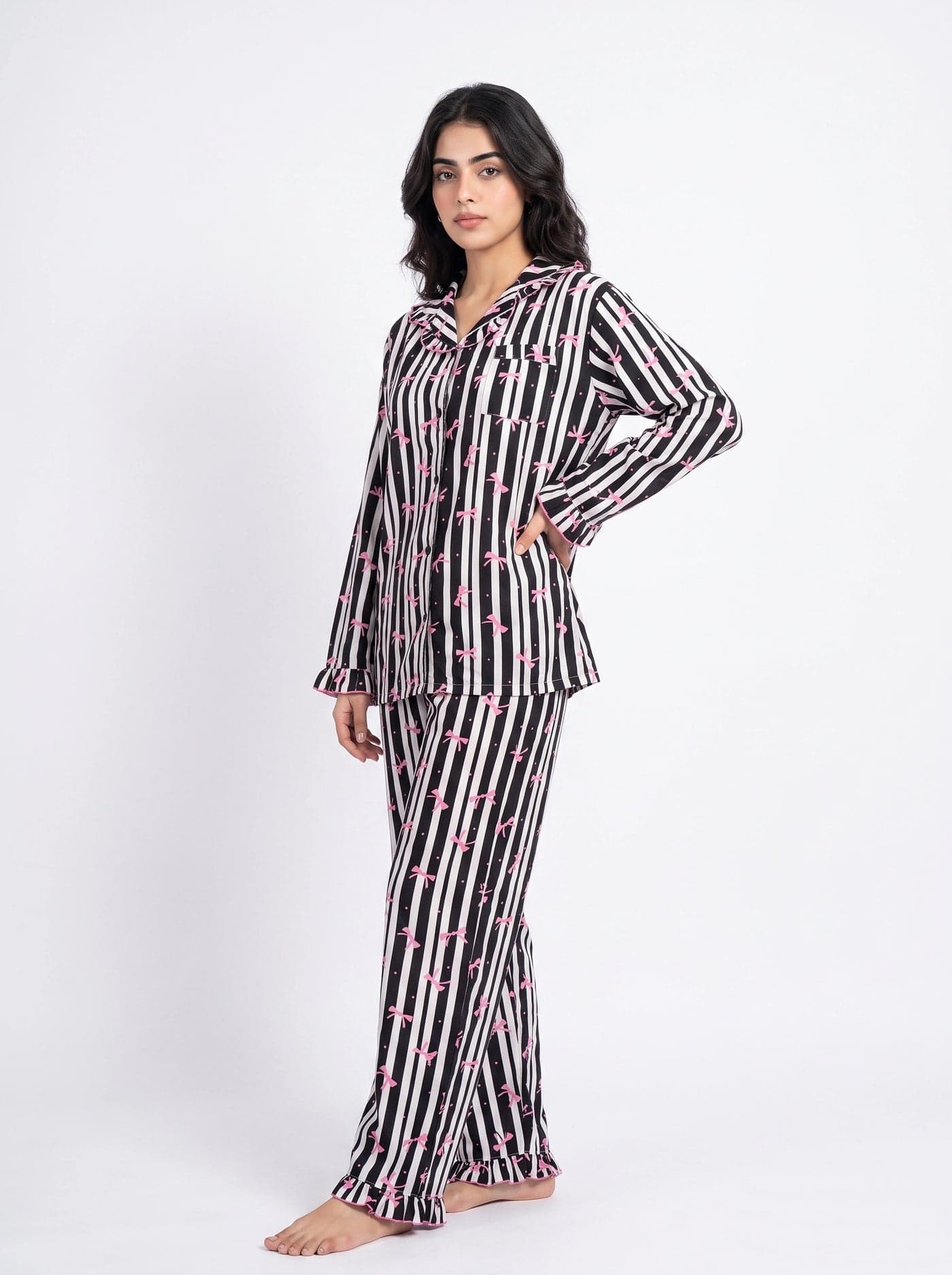 Black Bow Striped Linen PJ Set for Women