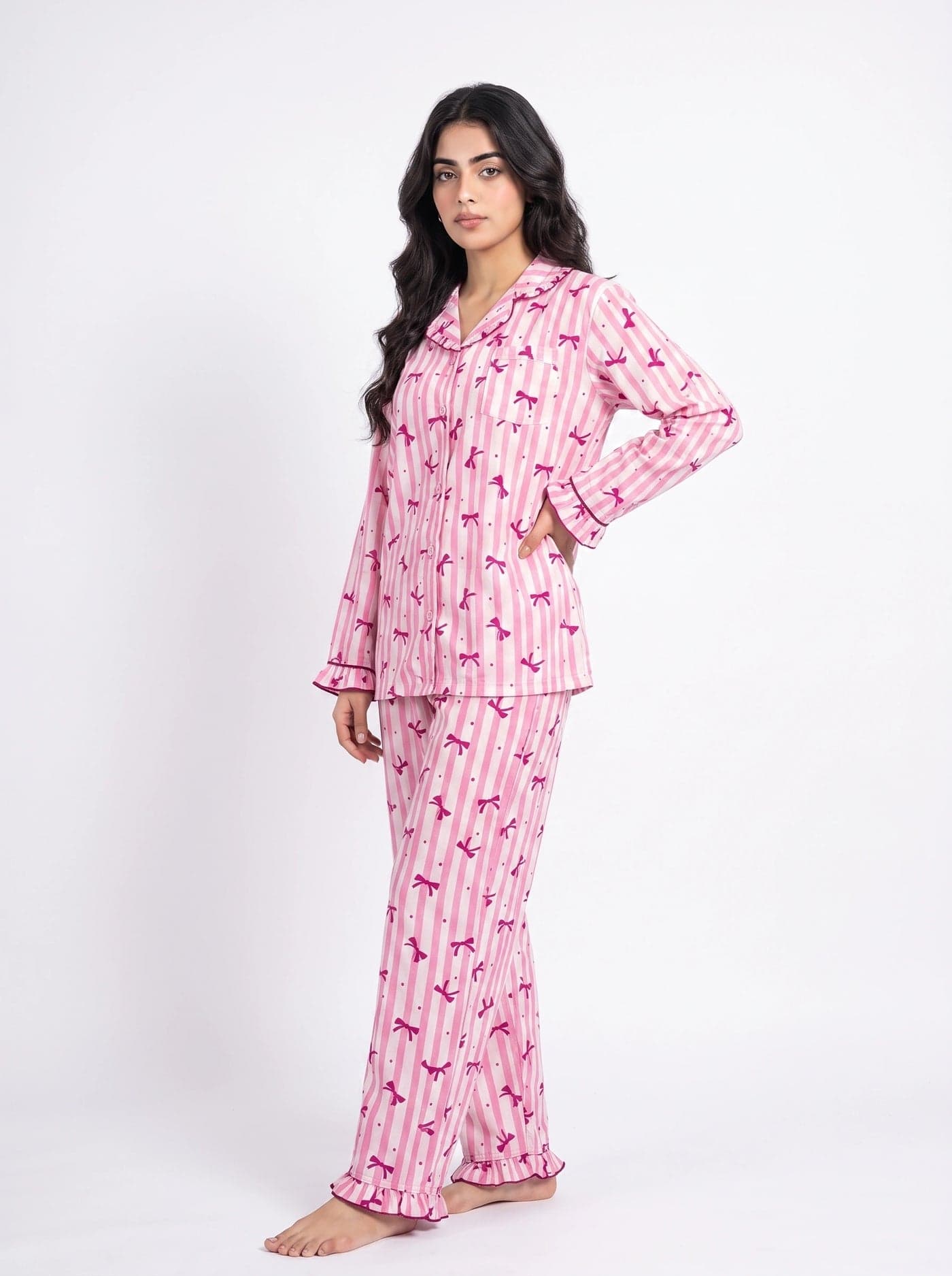 Pink and White Bow Striped Linen PJ Set for Women