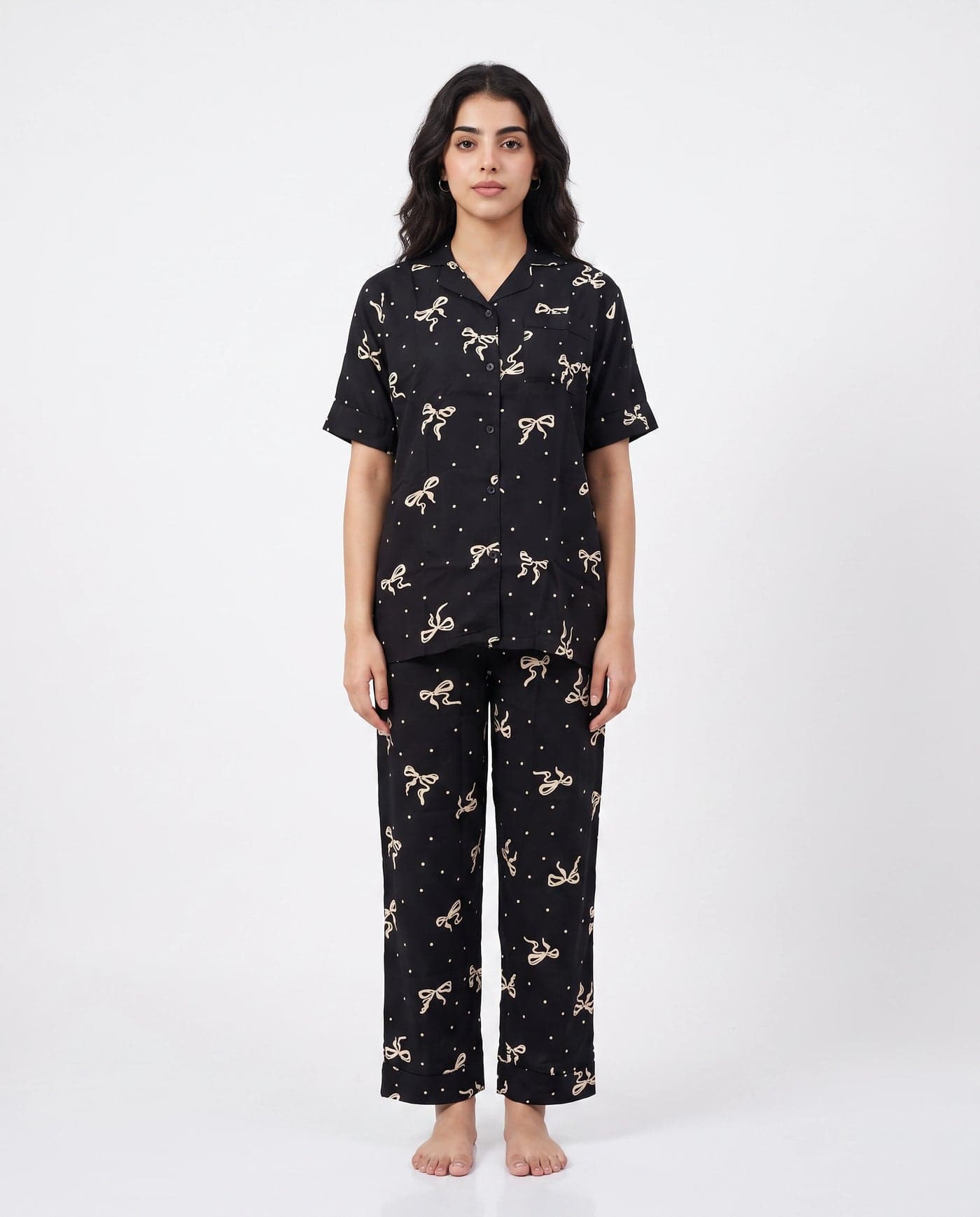 Black and Cream Bow Print Half Sleeve Linen PJ Set for Women