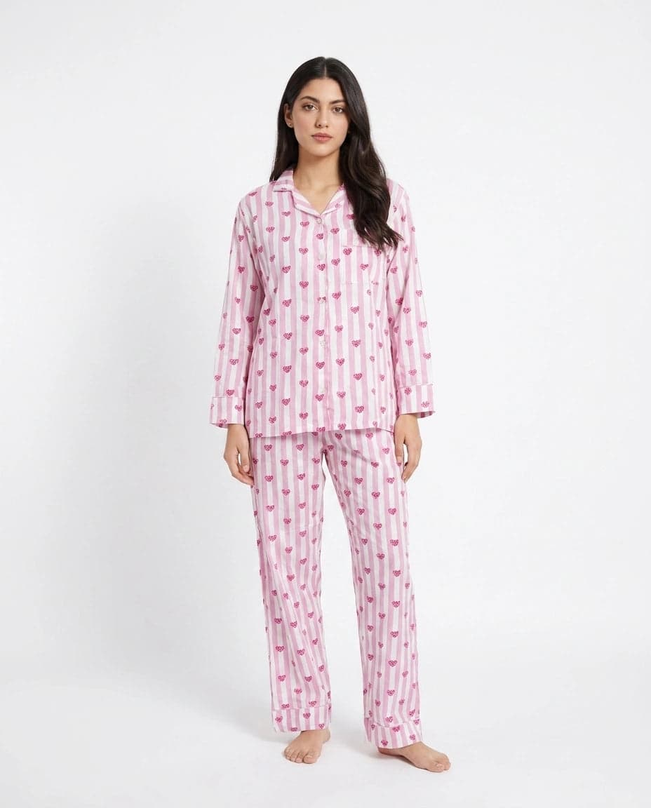 Pink Heart Striped Linen PJ Set for Women