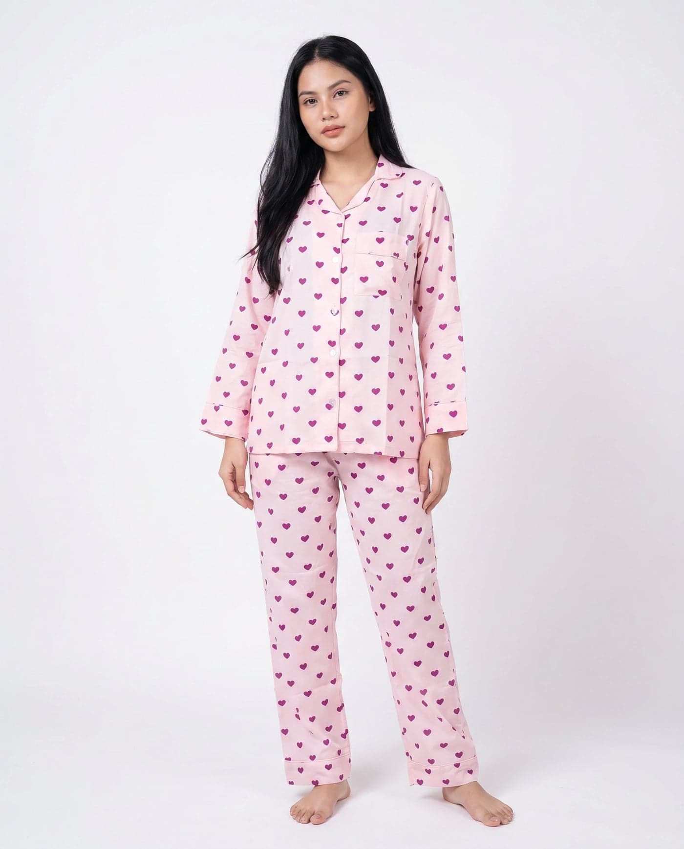 Baby Pink Heart Print Linen PJ Set for Women