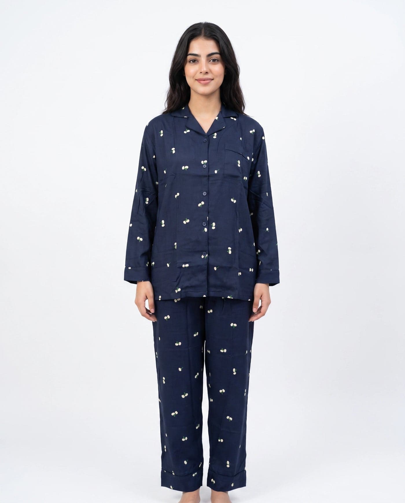 Navy Blue and White Floral Full Sleeve Linen PJ Set for Women