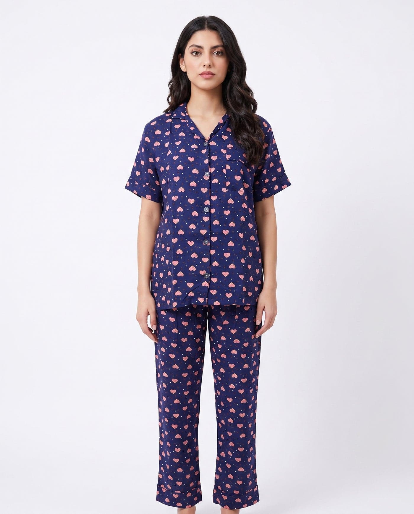 Navy Blue Heart Print Half Sleeve Linen PJ Set for Women