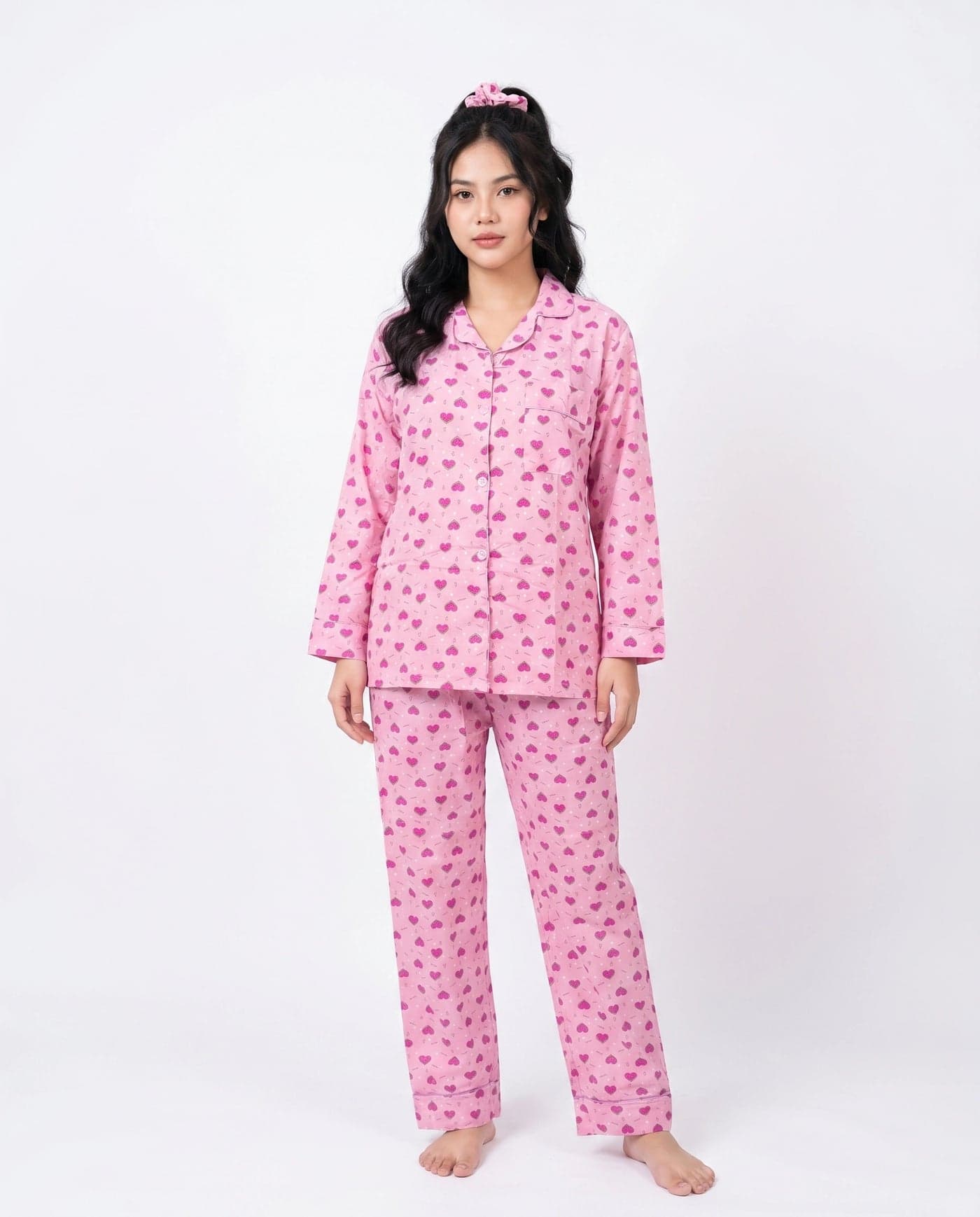 Pink Heart Print Linen PJ Set for Women