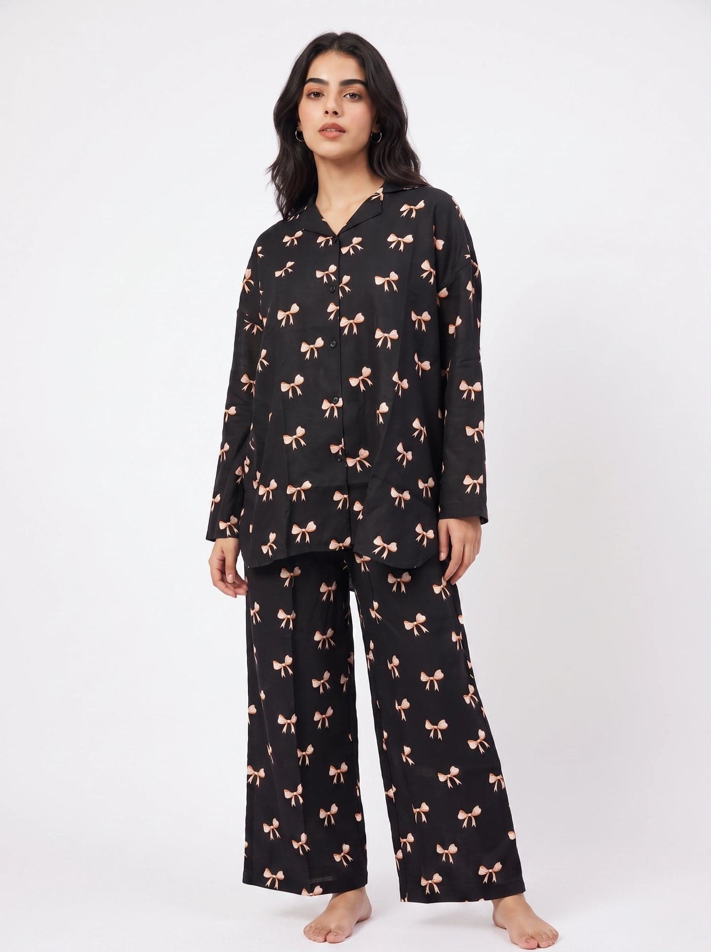 Black and Peach Bow Print Full Sleeve Linen PJ Set for Women