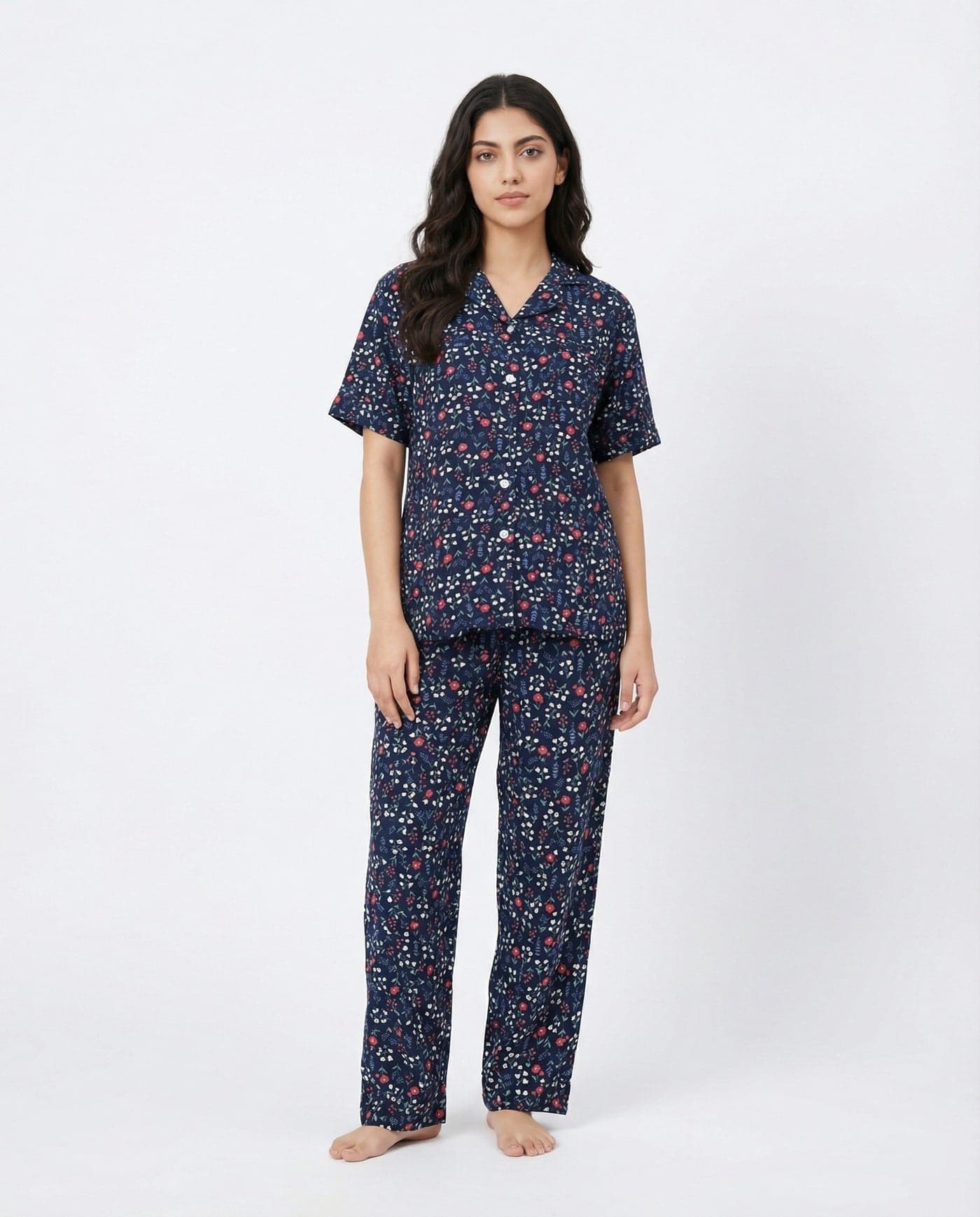 Navy Blue Floral Half Sleeve Linen PJ Set for Women