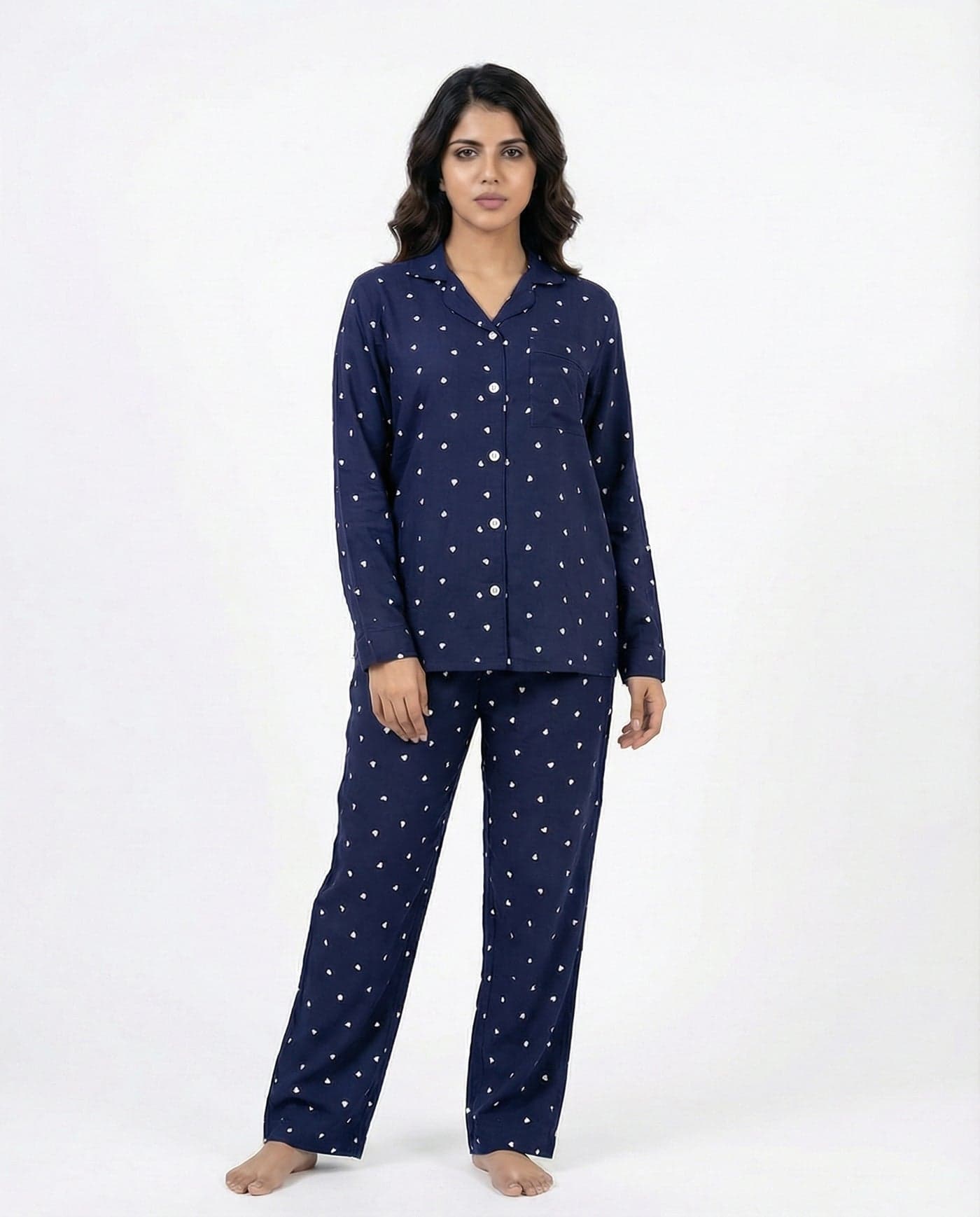 Navy Blue Polka Dot Linen PJ Set for Women