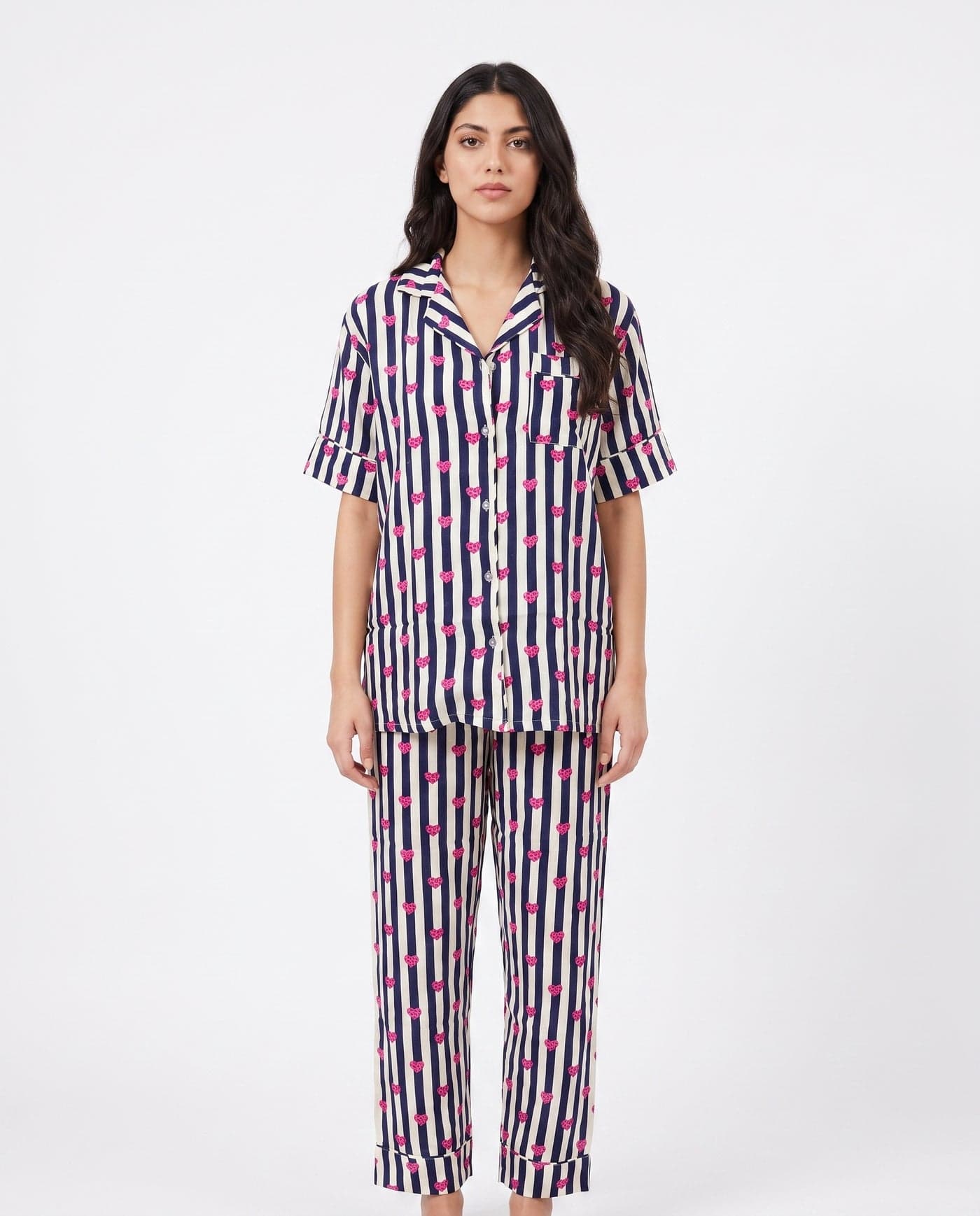 Navy Blue Heart Striped Linen PJ Set for Women