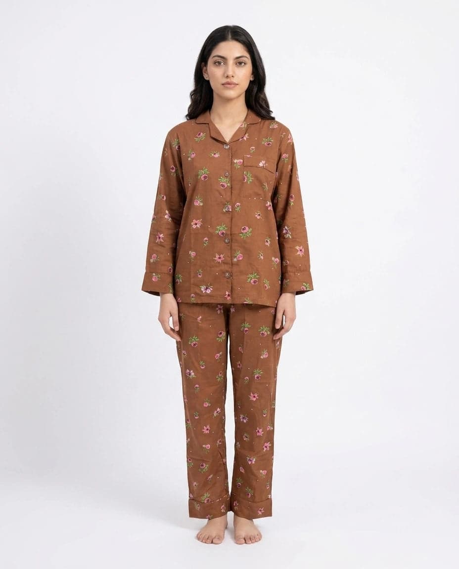 Brown Floral Full Sleeve Linen PJ Set for Women