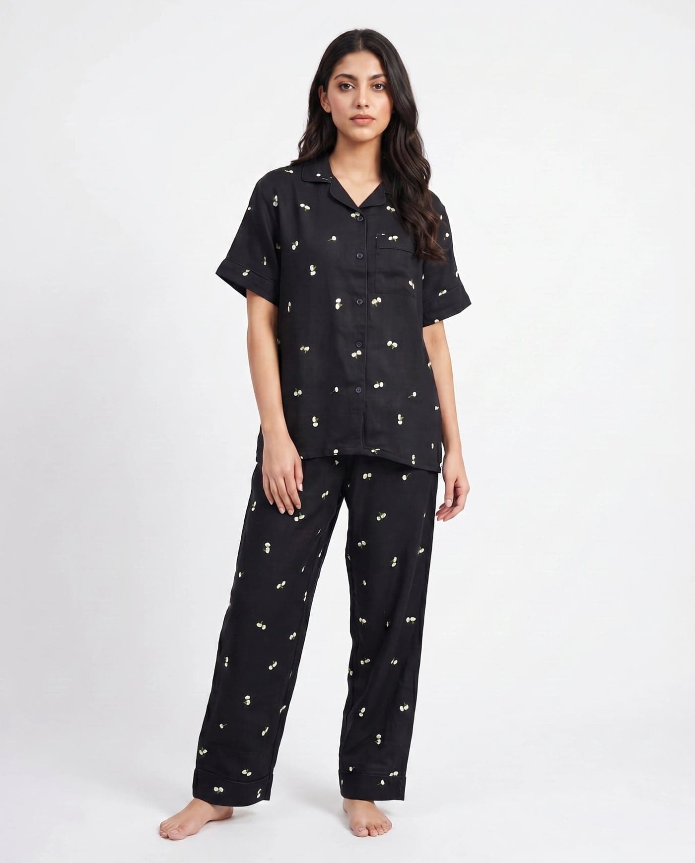 Black and Cream Floral Half Sleeve Linen PJ Set for Women
