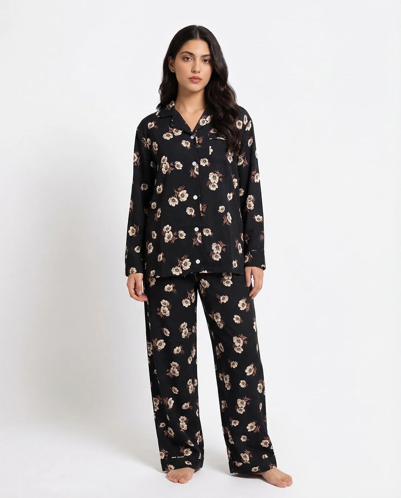 Black Rose Print Linen PJ Set for Women