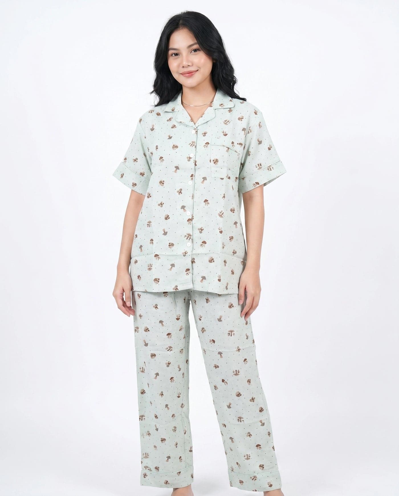 Mint Mushroom Print Linen PJ Set for Women