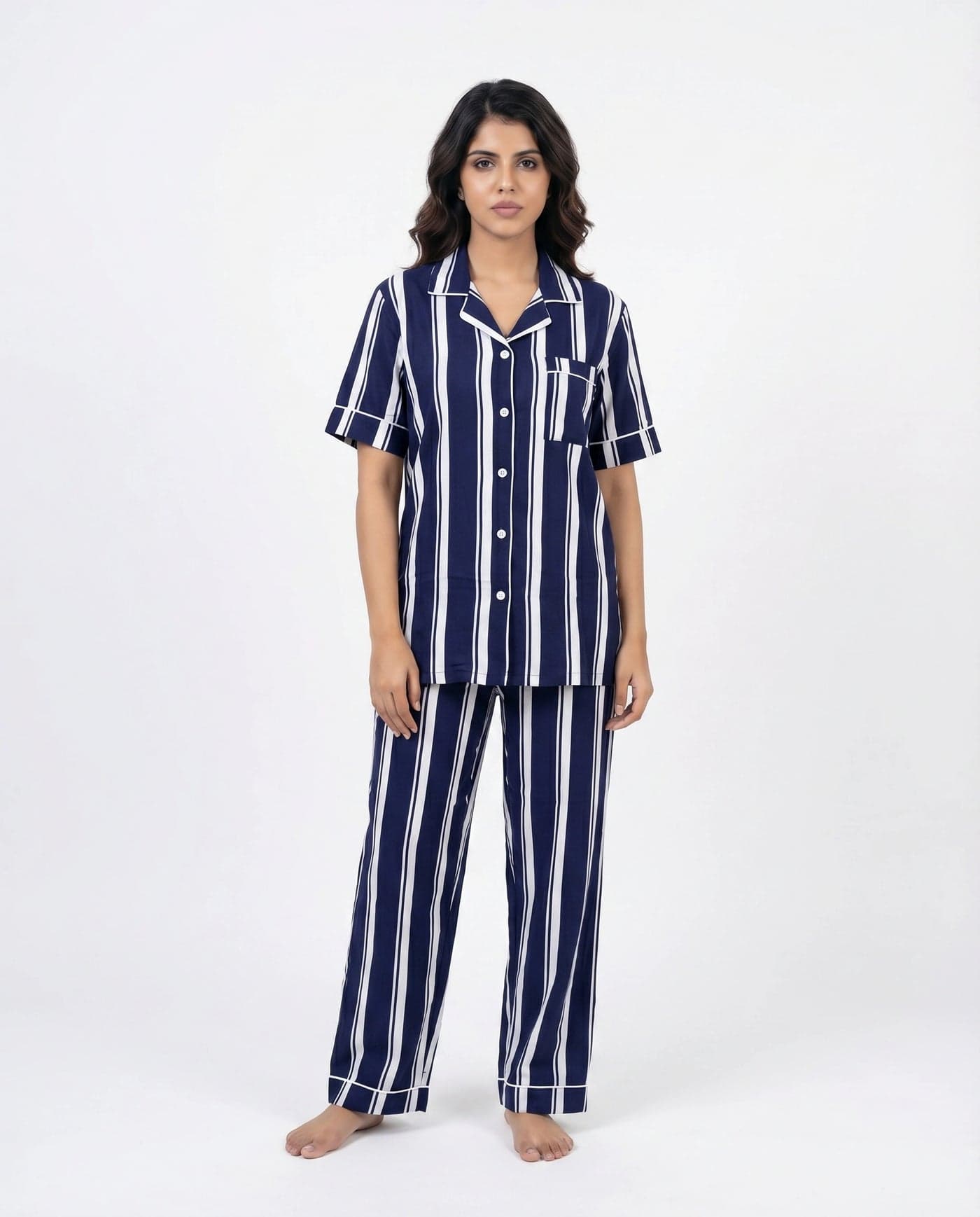 Navy Blue Striped Linen PJ Set for Women