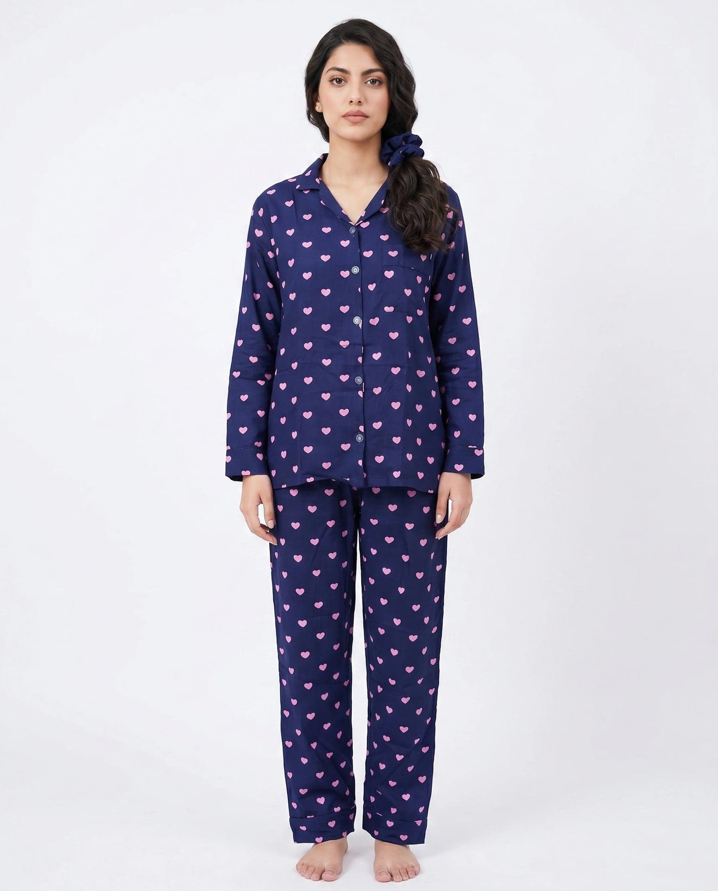 Navy Blue and Pink Heart Print Full Sleeve Linen PJ Set for Women