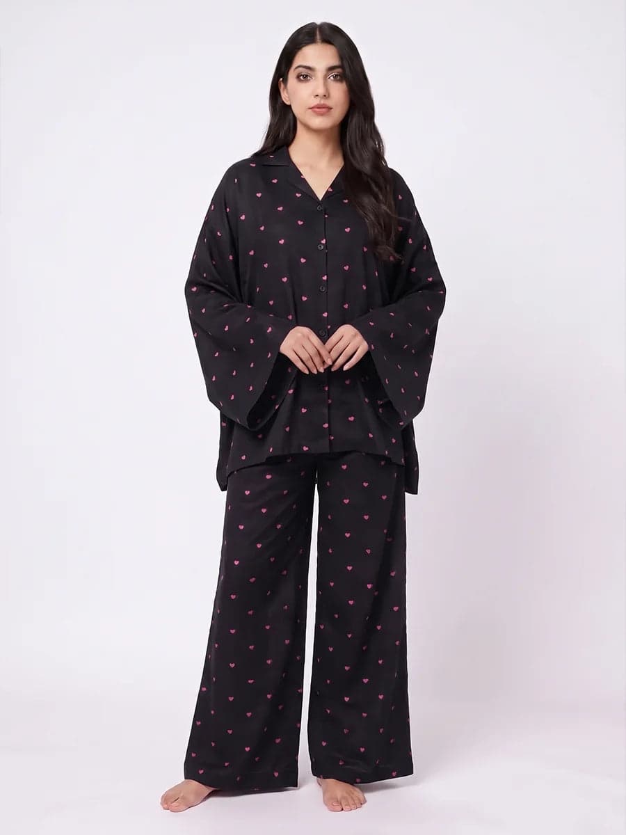 Black and Pink Heart Print Oversized Linen PJ Set for Women