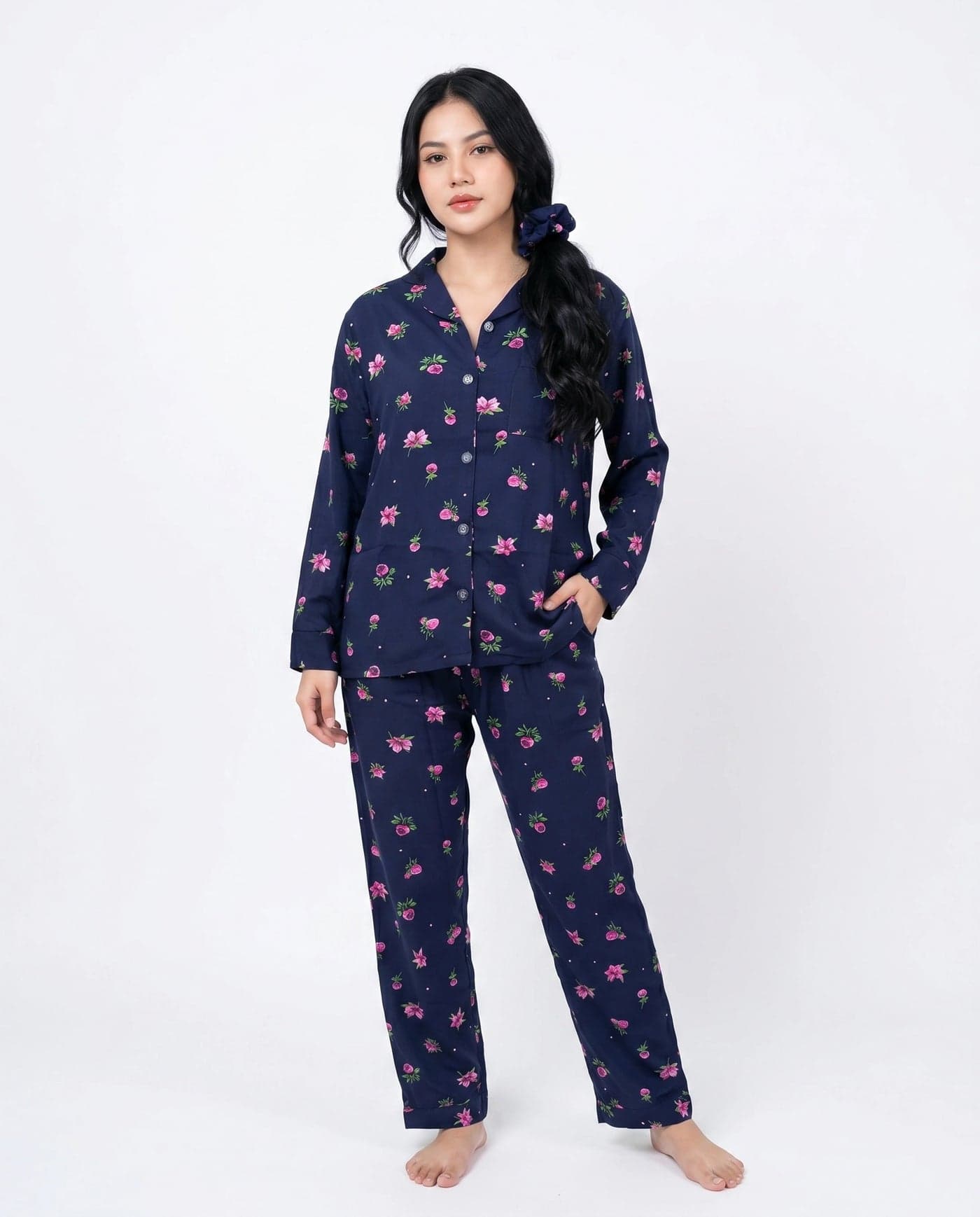 Navy Blue and Pink Floral Full Sleeve Linen PJ Set with Scrunchie for Women