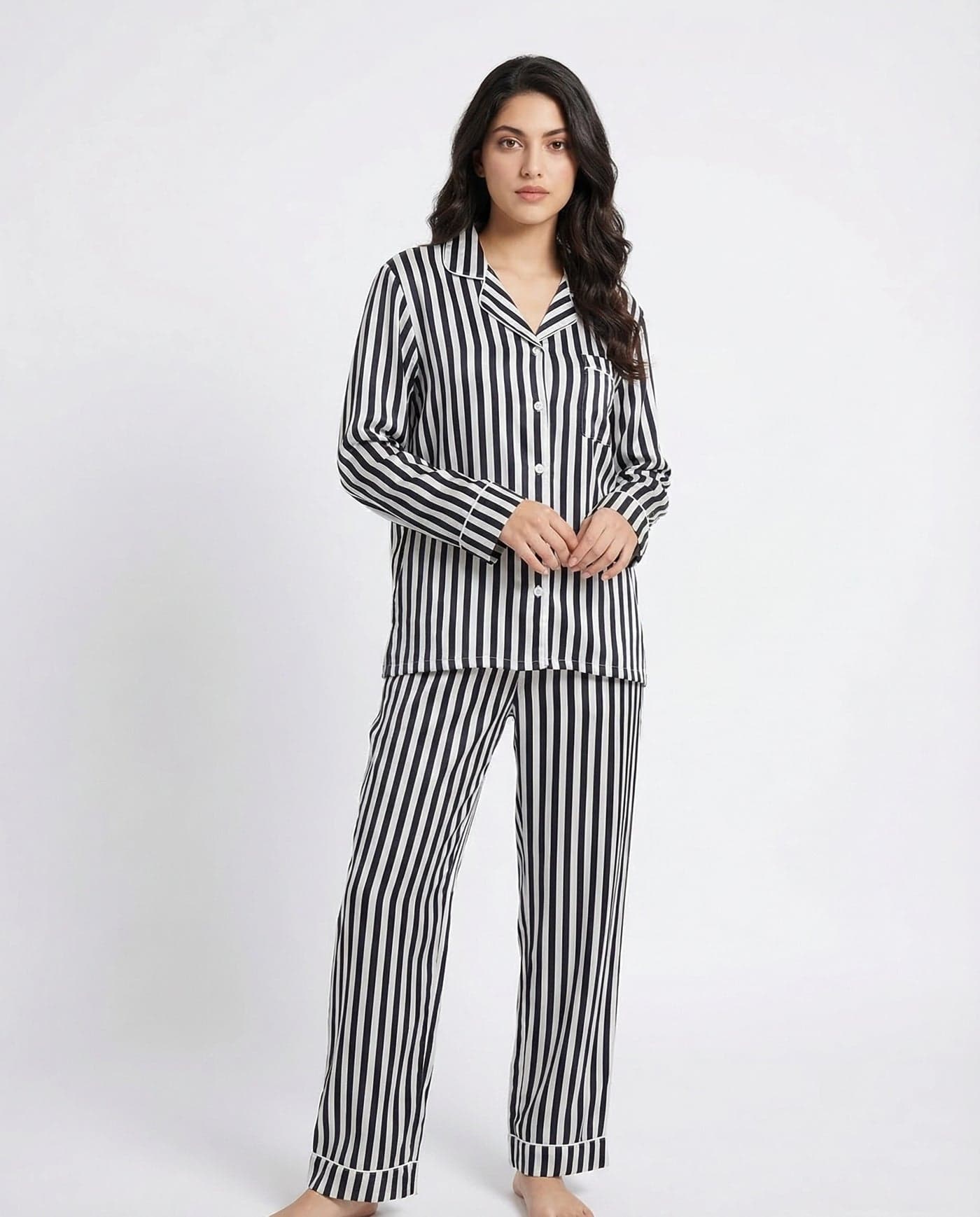 Black Striped Linen PJ Set for Women
