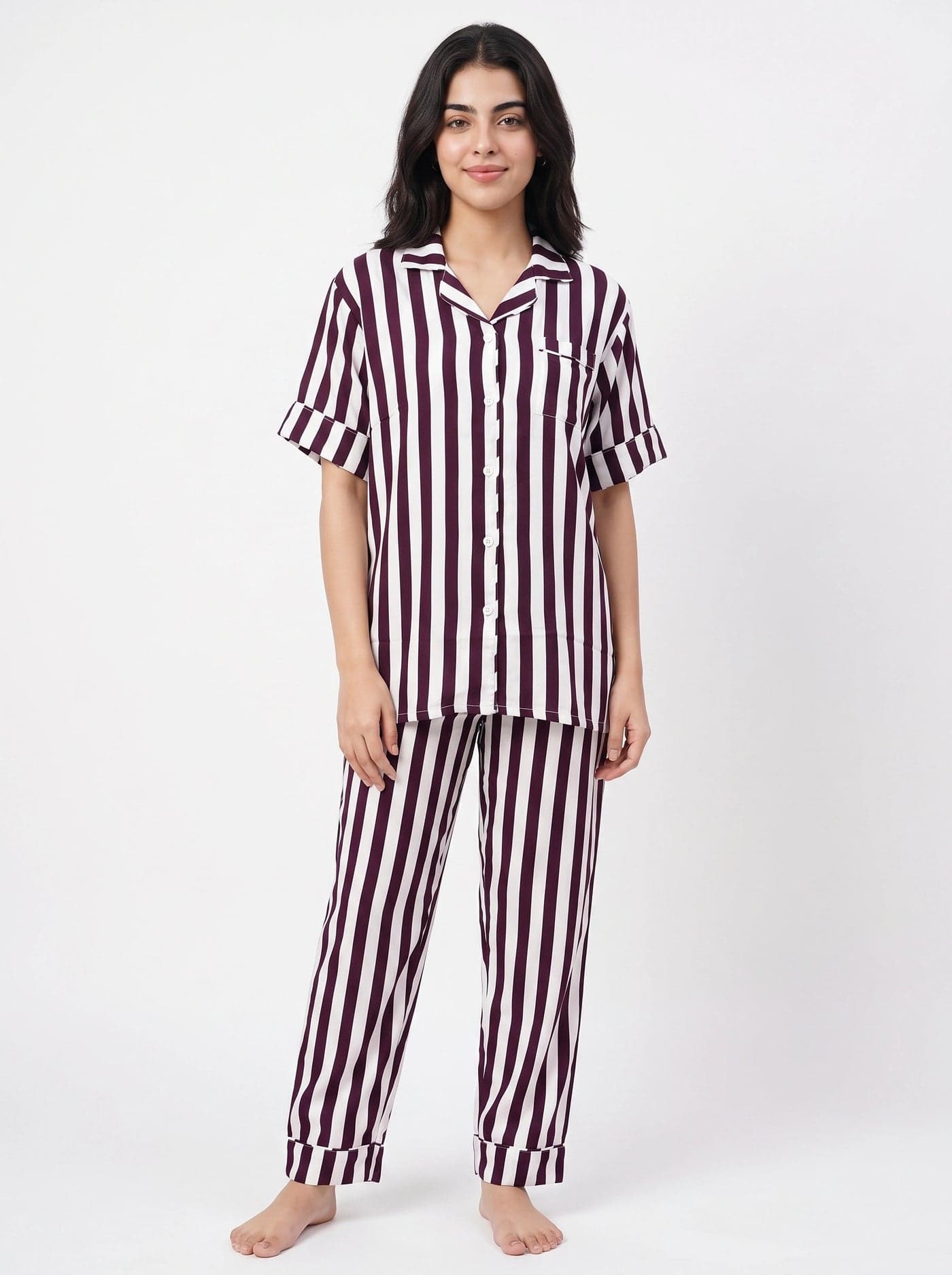 Maroon Striped Linen PJ Set for Women