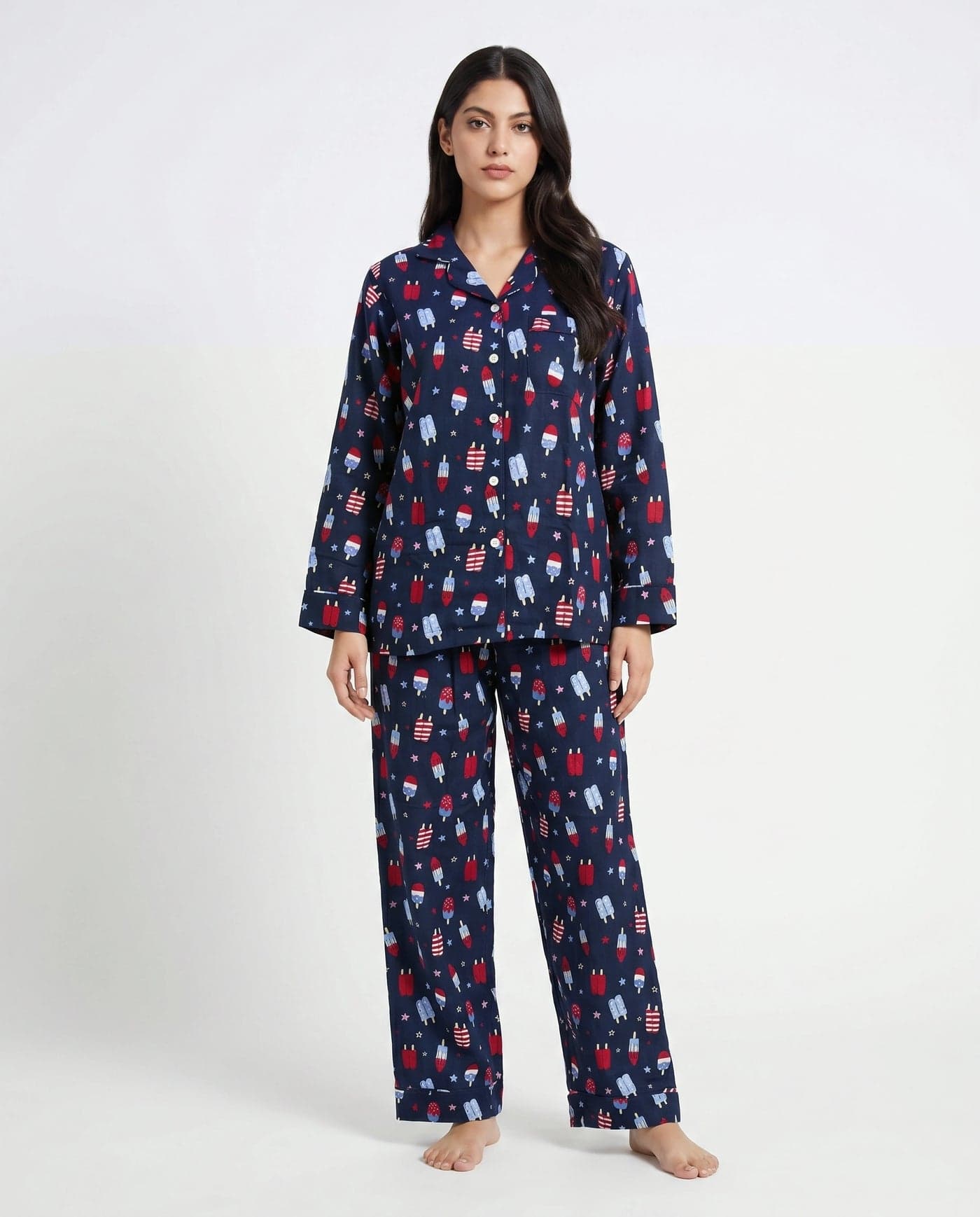 Navy Blue Ice Cream Print Linen PJ Set for Women