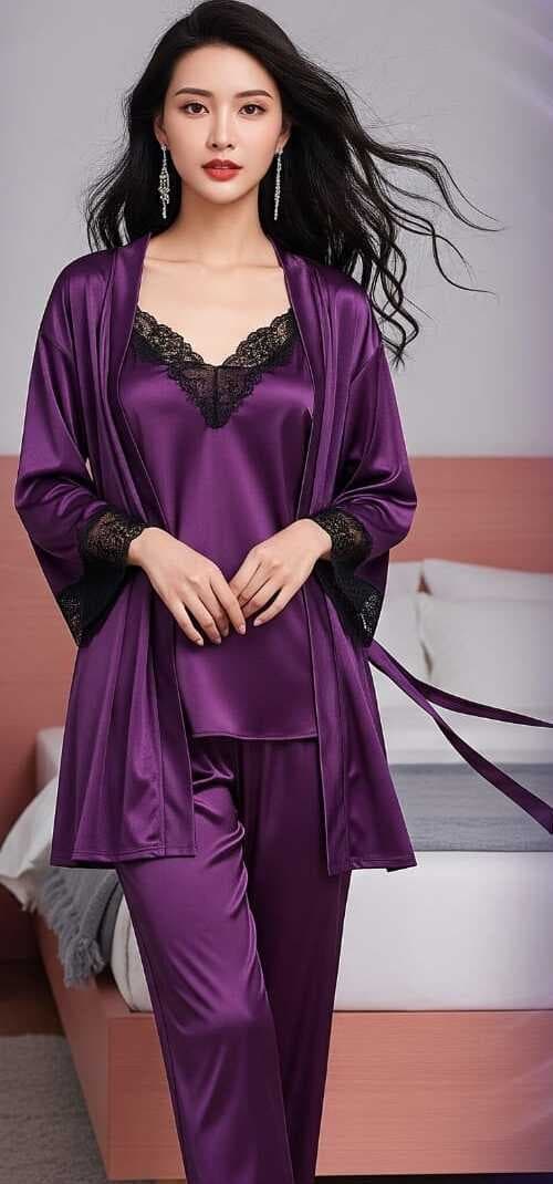 Purple Satin 3 Piece Night Suit with Robe for Women