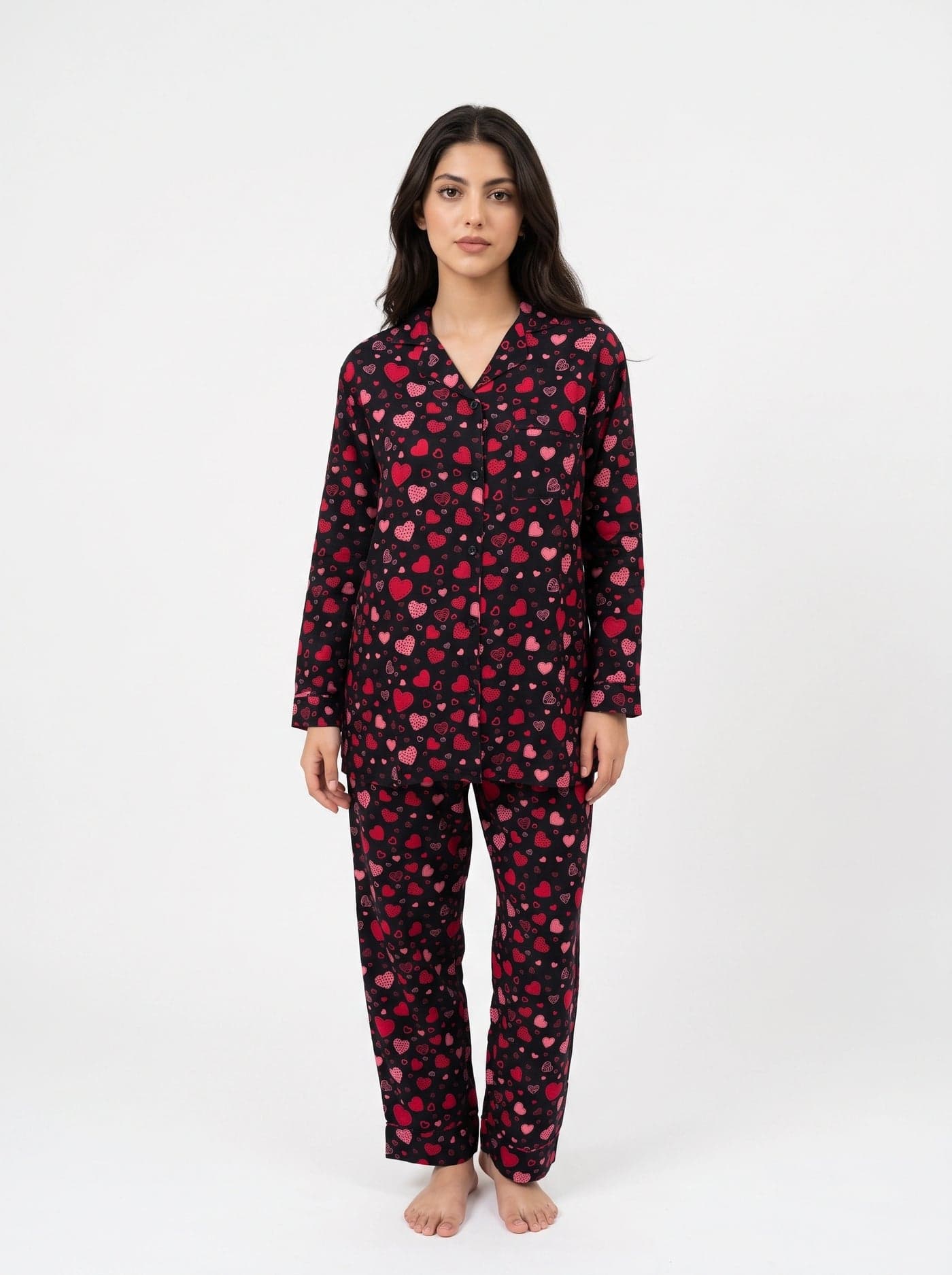 Black and Red Heart Print Linen PJ Set for Women